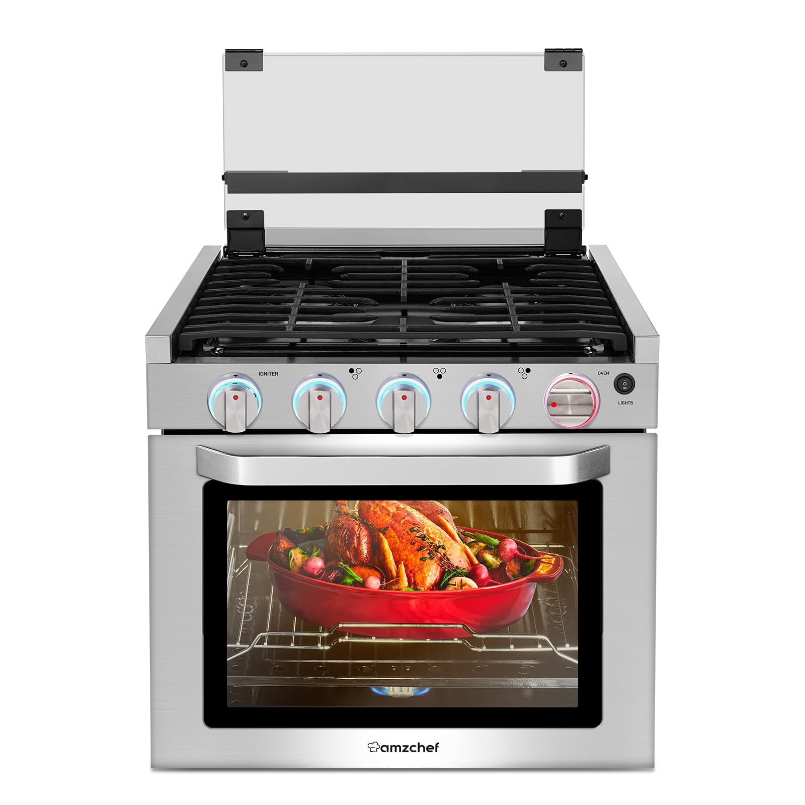 AMZCHEF RV Gas Range 21 Inches Tall,1.77 Cu.Ft Propane Range Oven with 3 Burners Stove for RV, Apartment, Mobile Home, Stainless Steel.
