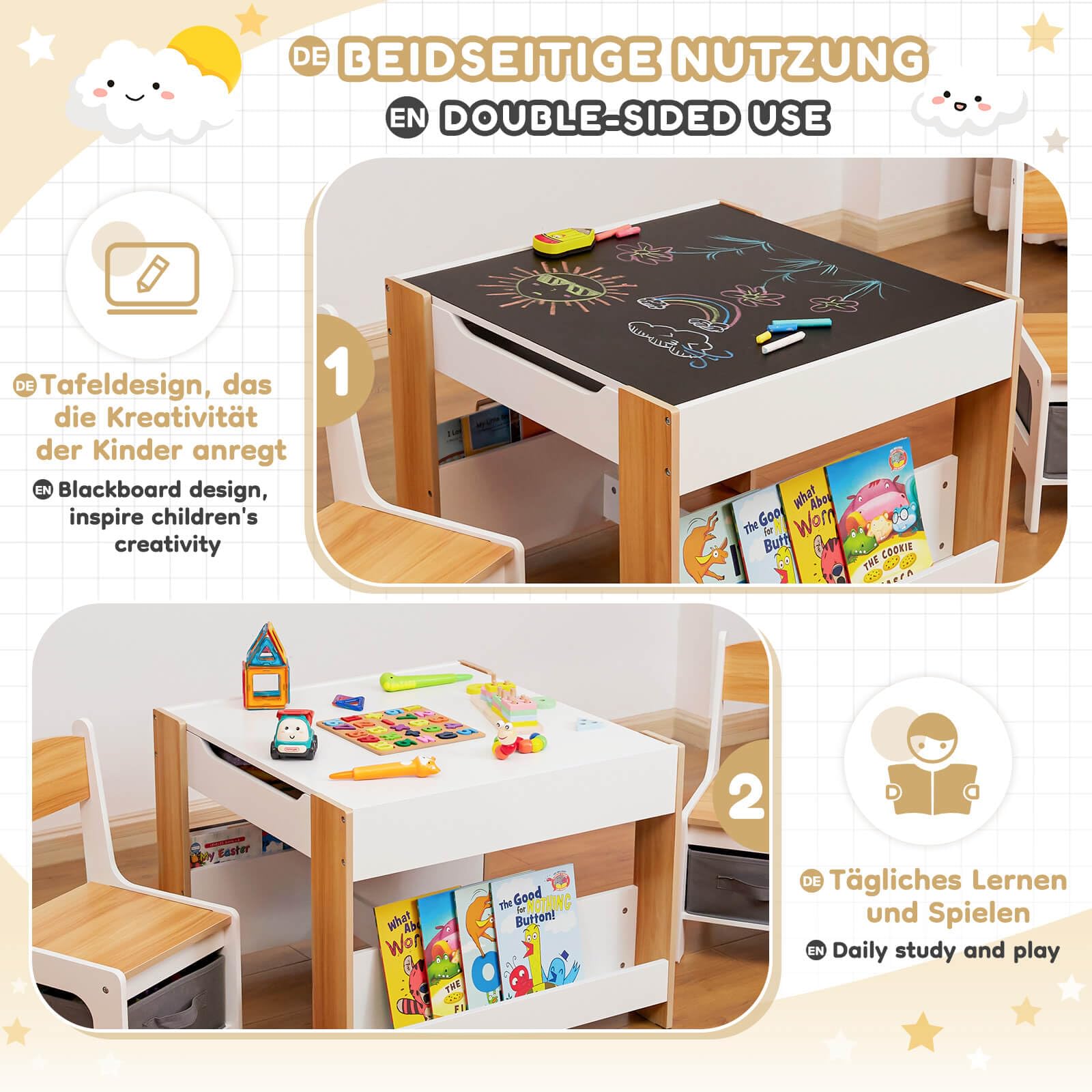 Yorbay Kindertisch mit 2 Stühle, Kindermöbel Set aus Holz mit Stauraum und Bücherregalen, 3 in 1 Maltisch & Aktivitätstisch & Tafeltisch, Kinderzimmer, Spielzimmer, Vorschüler (Natur)