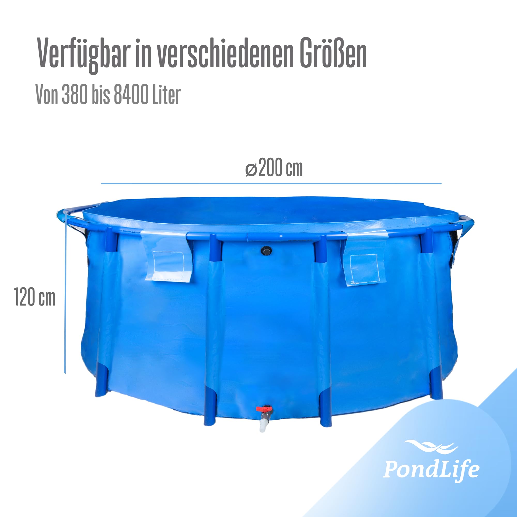 Pondlife Faltbecken für Koi und Teichfische, Ø 200cm x Höhe 120cm, 3700 Liter, stabile PVC-Folie, UV-beständig