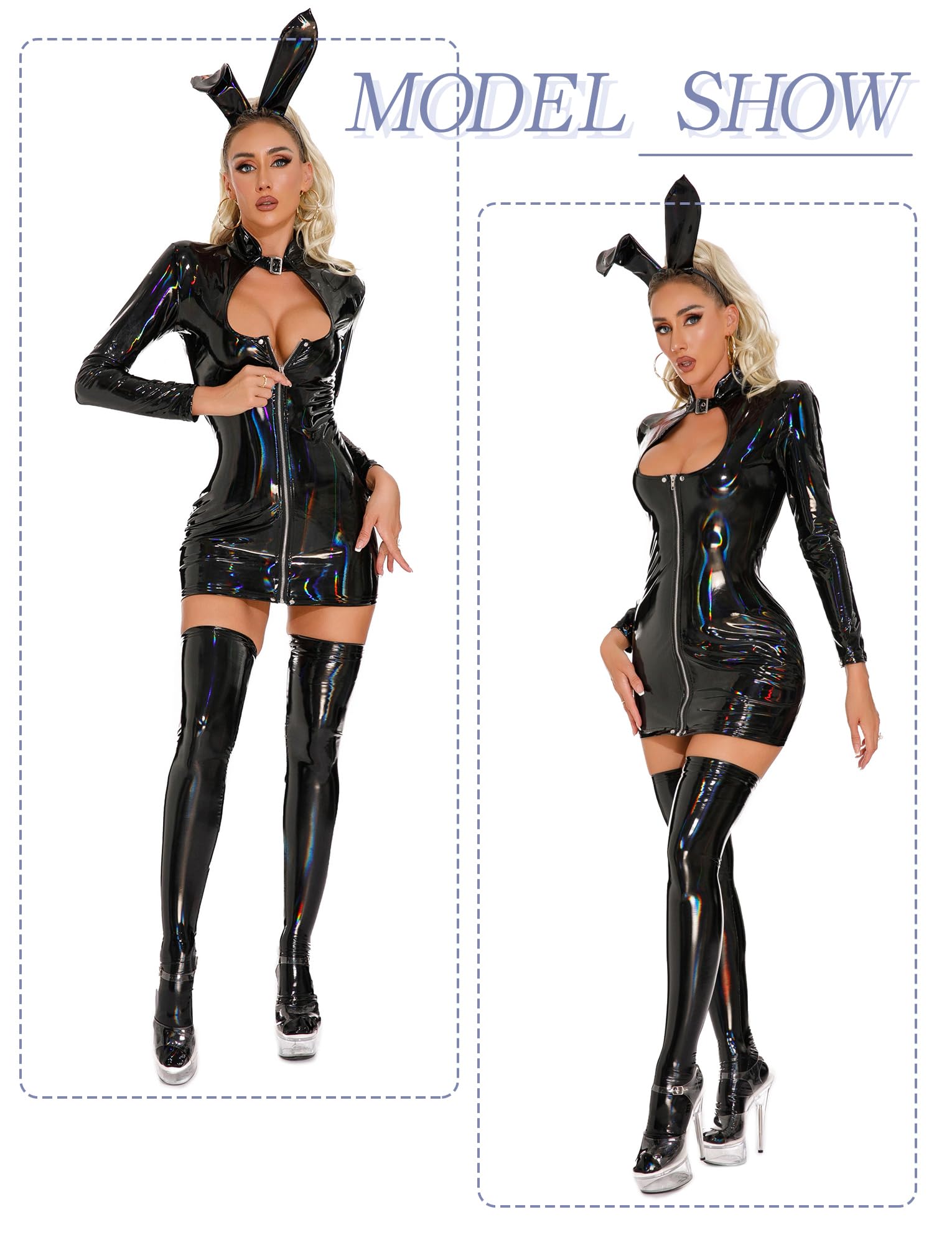 FEOYA Dominatrice Outfits Women Leather Pink Latex Mini Dress Sexy PU Wet Look Lingerie Outfits Halloween Costume: Black Small