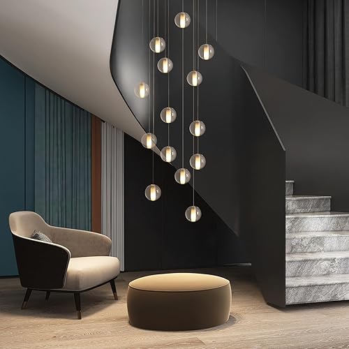 14 Lights Staircase Chandelier for High Ceiling, Dimmable Modern Crystal