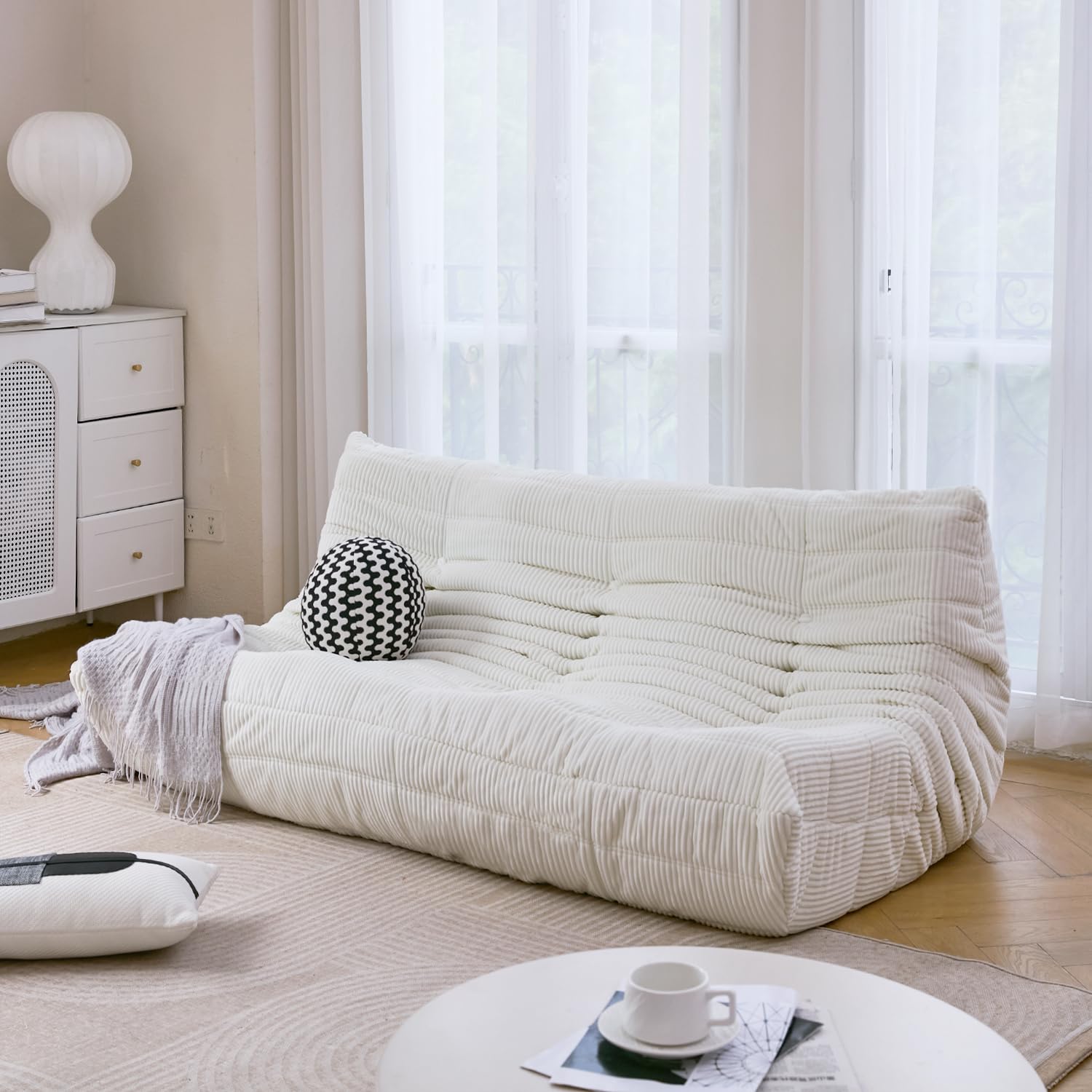 N&V Fireside Three Seater Sofa, Mid Century Armless Twin Size Floor Lounge Chair, Soft Premium Corduroy Accent Chair for Living Room, Bedroom (Ivory)