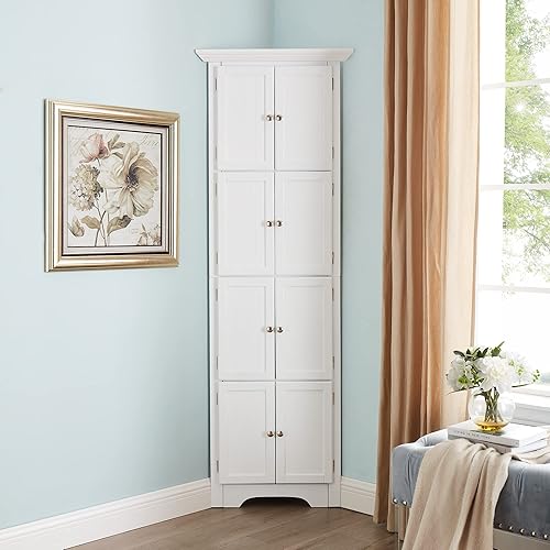 Armario de almacenamiento esquinero de 72 pulgadas de alto con 8 puertas, armario de almacenamiento de despensa de cocina de 4 niveles, para sala de