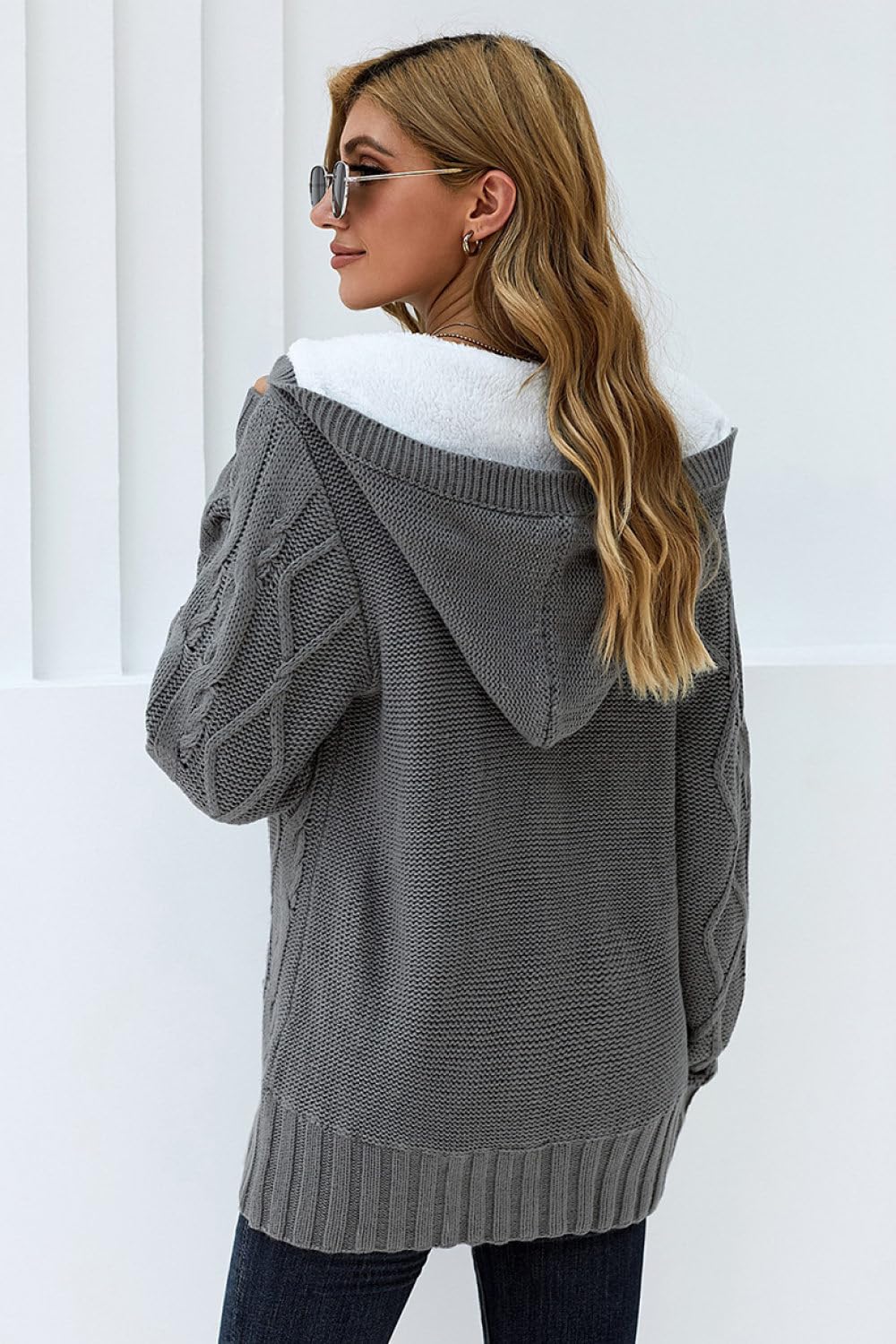 Grobe Strickjacken Mit Kapuze Für Damen Grau Mit Zopfmuster Fleece Gefüttert Strickjacken Offene Vorderseite Hornschnalle Damenpullover Mantel Warme Winterjacke Strickpullover Oberbekle