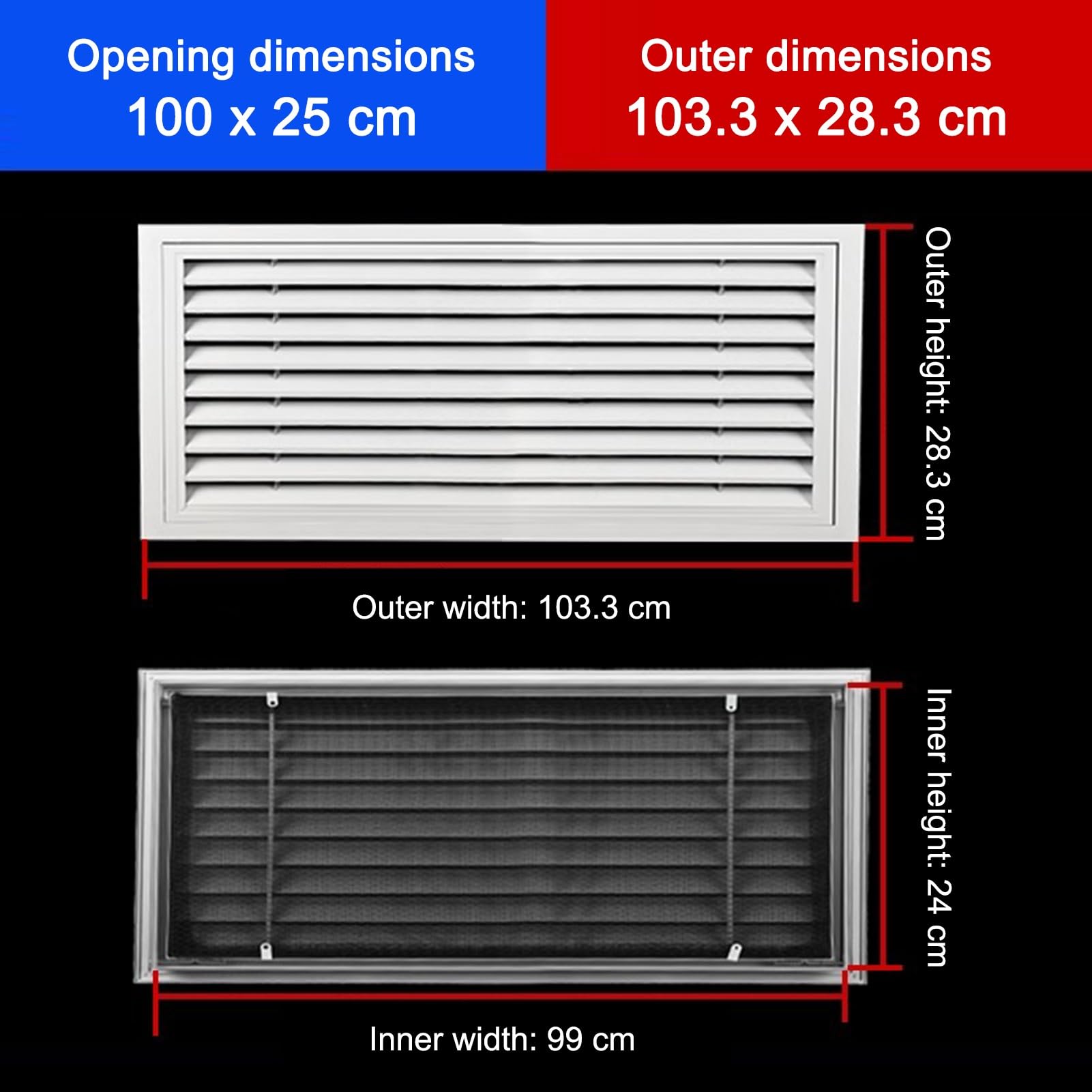 Griglia di Ventilazione a lamelle in Alluminio per soffitta e capannone (100x25 cm/103,3x28,3 cm) - Migliora Il Flusso d'Aria e previene l'umidità