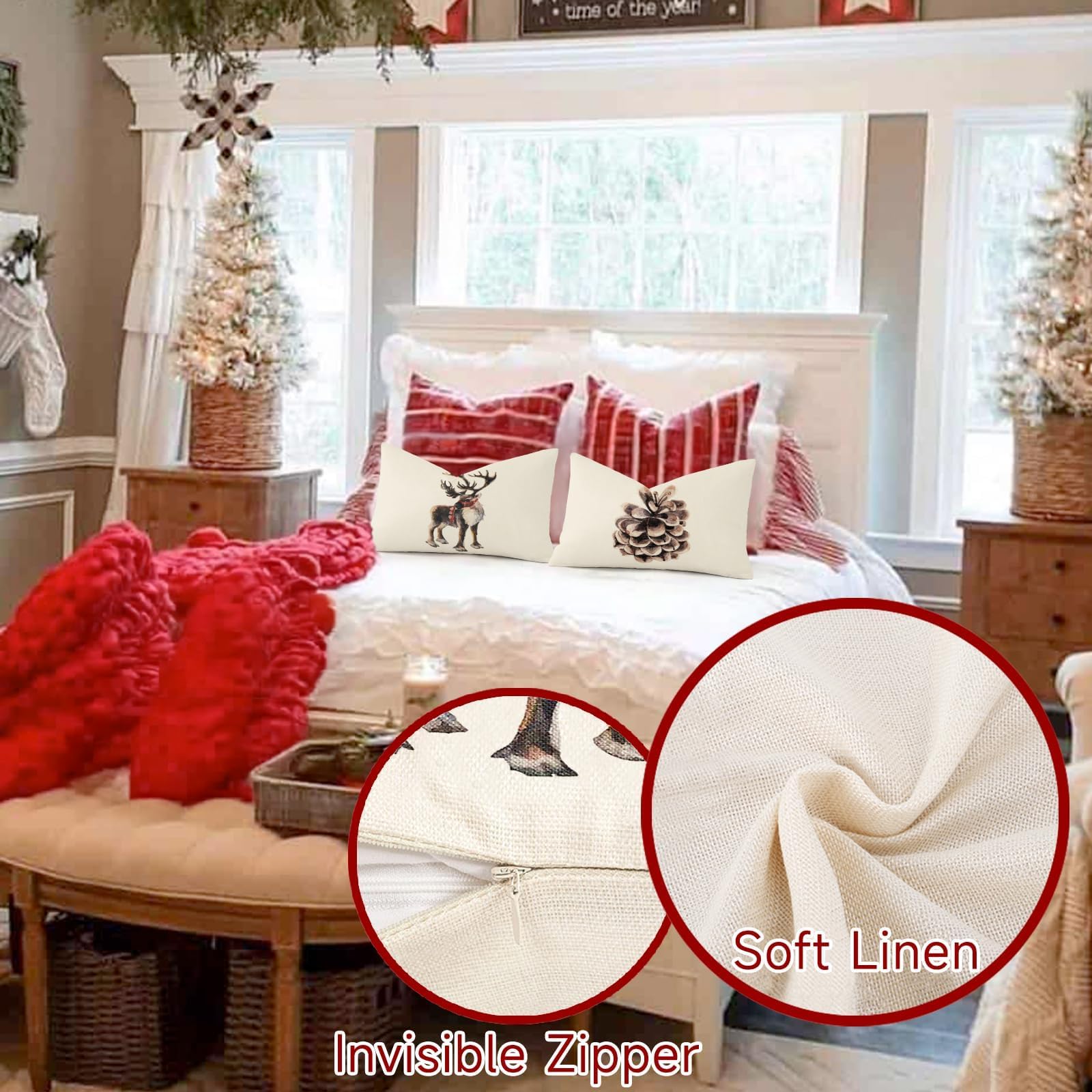 Set Van 4  Christmas-A  Kussensloop 45 X 45 Kerst Luipaard Linnen Kussenslopen Sofa Kussens Santa Claus Gnome Decoratieve Kerstmis Decoratieve Rode Cus
