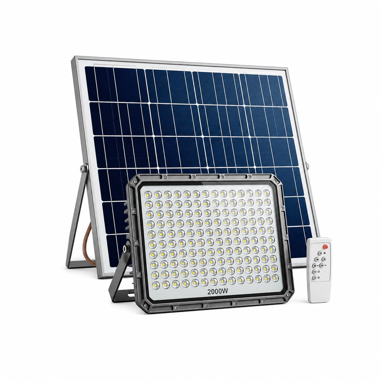 Faretto LED da Esterno Solare 2000W con Pannello Solare e Telecomando, Faro LED Esterno con Pannello Solare IP66, Luce Solare da Esterno per Giardino Cortile Sicurezza [Classe di efficienza energetica