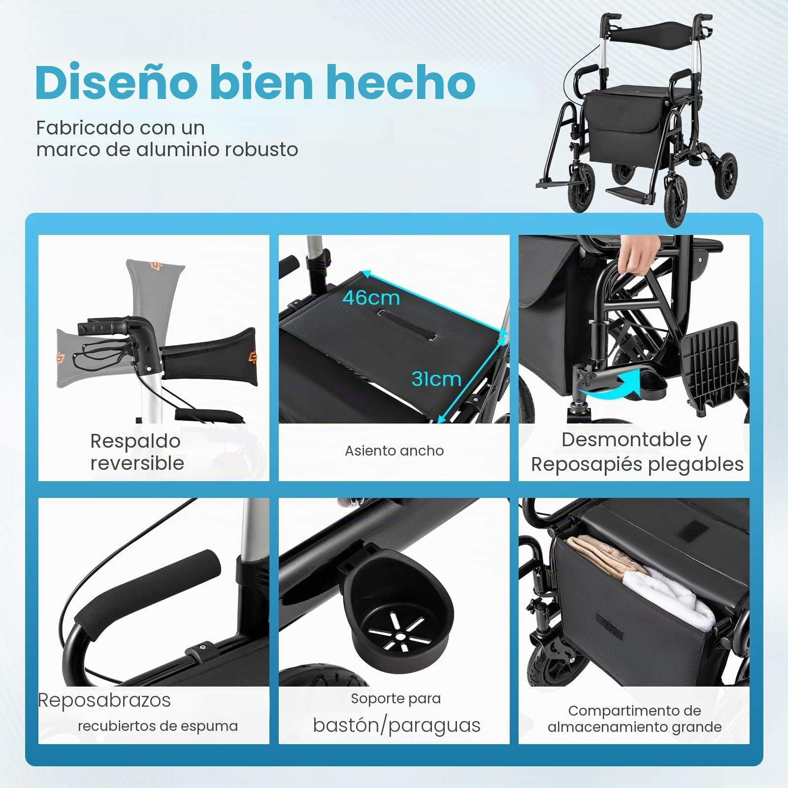 FANTASK Andador de viaje 2 en 1 para silla de ruedas y de viaje, de aluminio con diseño plegable, color negro con sistema de ajuste de altura, silla de ruedas con bolsa y soporte para bastones