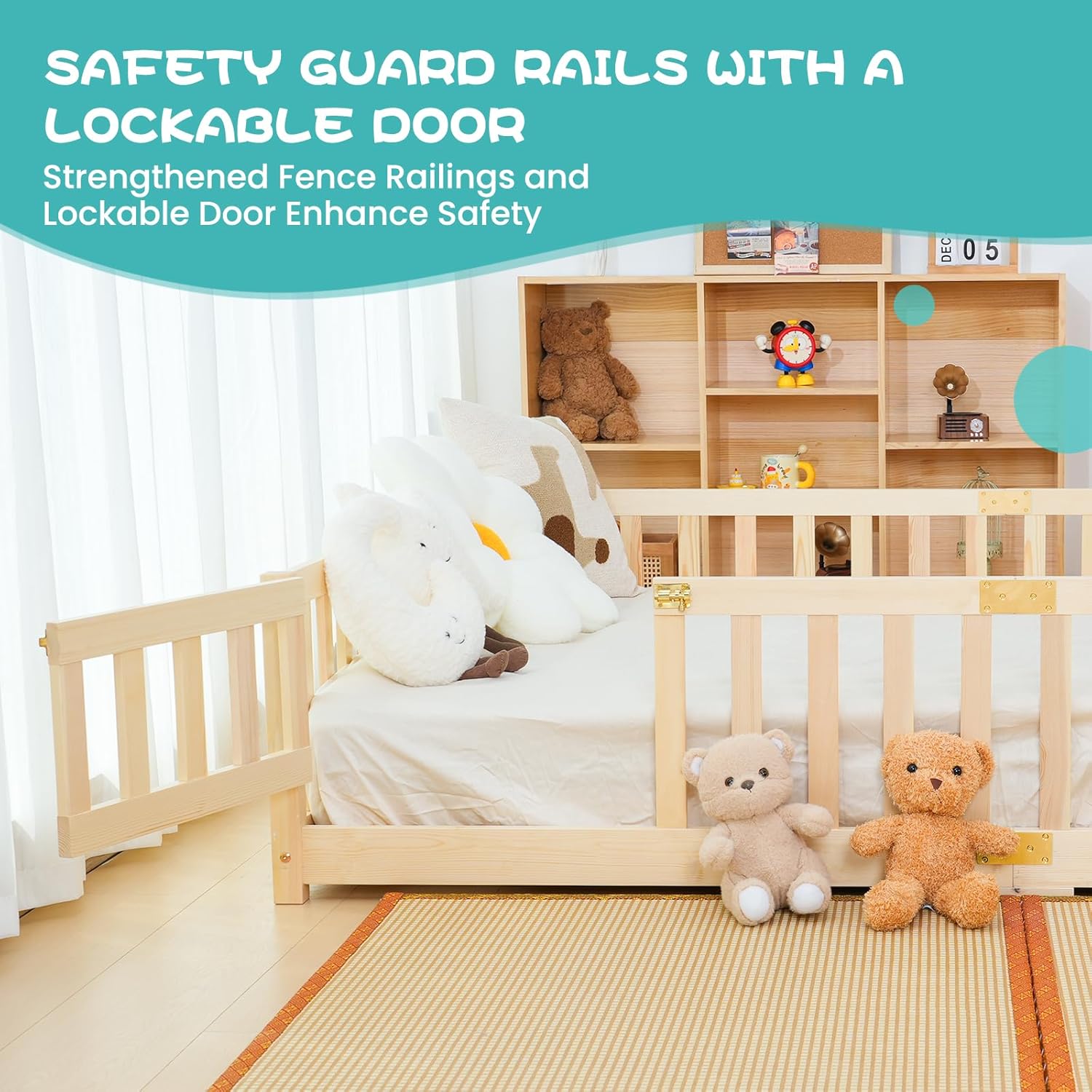 DoCred Montessori Toddler Floor Bed for Kids - Twin Size Wood Floor Bed w/Slats & Fence for Girls and Boys, Montessori Bed Frame, Natural