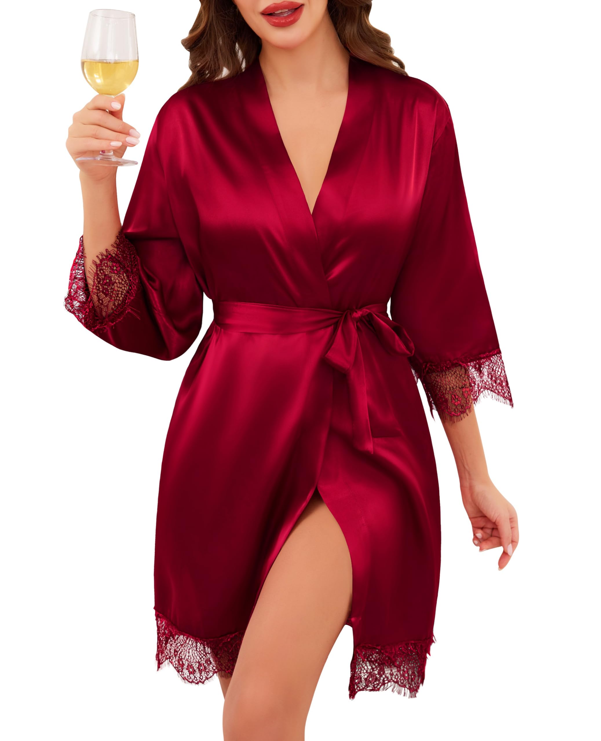 Lovasy Satin Bademantel Damen Kurz Kimono Japanisch Spitze Sexy Morgenmantel für Damen Braut Bademantel Hochzeit Party Pyjama mit Gürtel