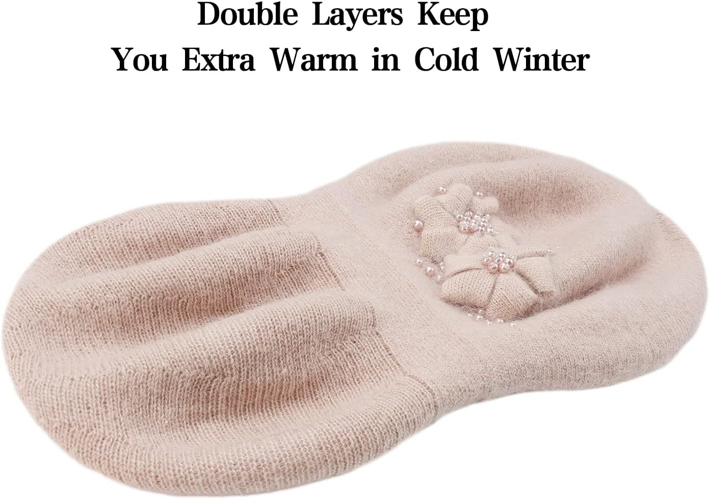 Rabbit Fur Beret Hat French Beret Cap Winter Warm Flowers Pearls Beanie Artist Painter Hat for Women Lady - Image 7