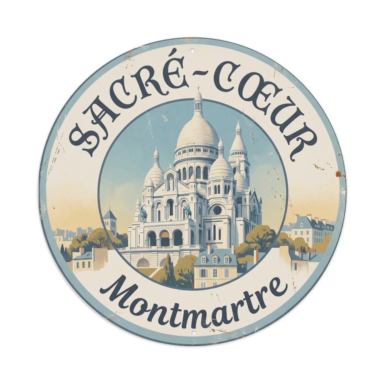 Vintage Travel Sacre Coeur Parisian Metal Tin Sign Plaque Wall Decor for Cafe, Club Bar, Office, Home Garden Round Metal Poster 8x8Inch
