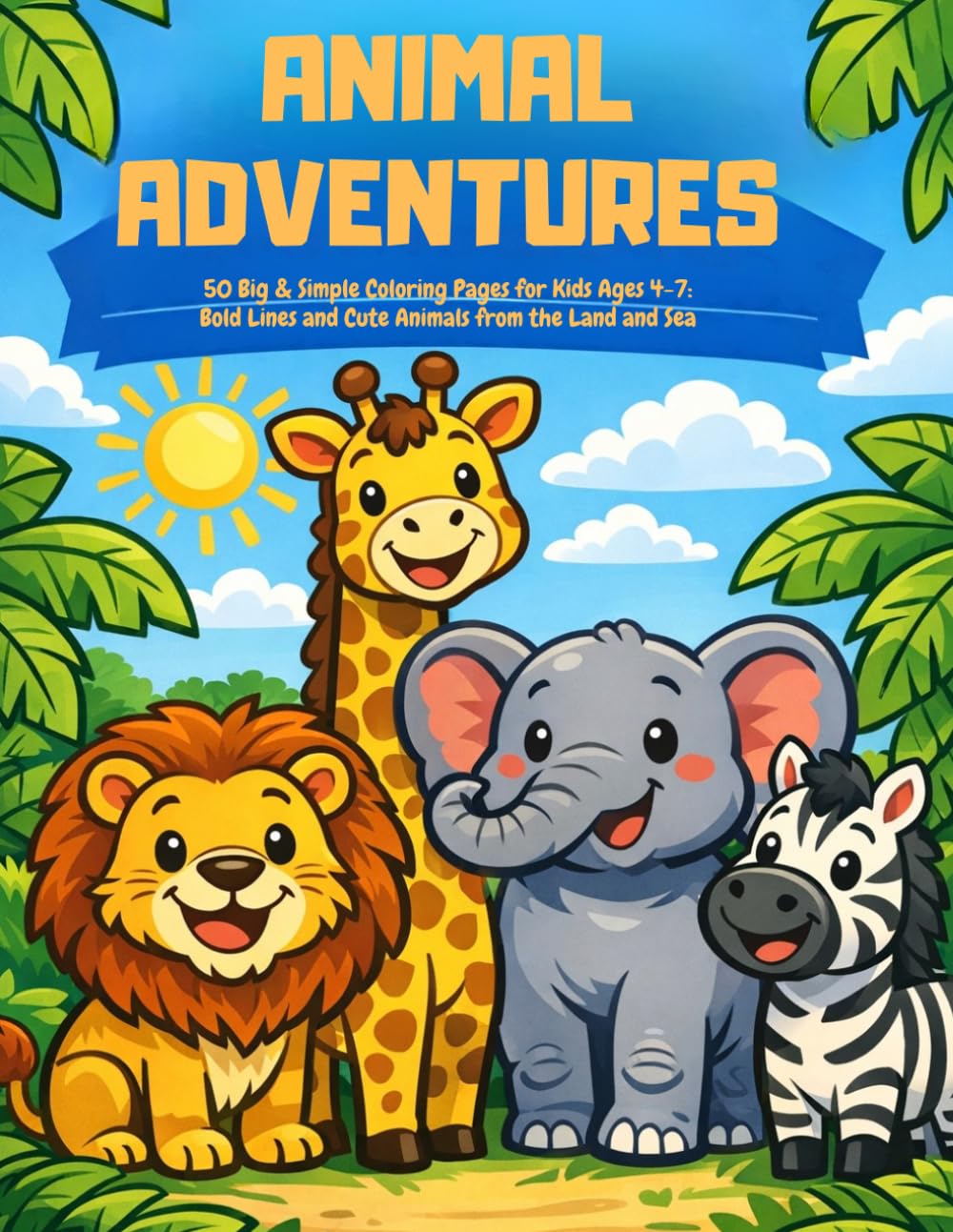 Animal Adventure: '50 Big & Simple Coloring Pages for Kids Ages 4-7: Bold Lines and Cute Animals from the Safari, Farm, and Sea'
