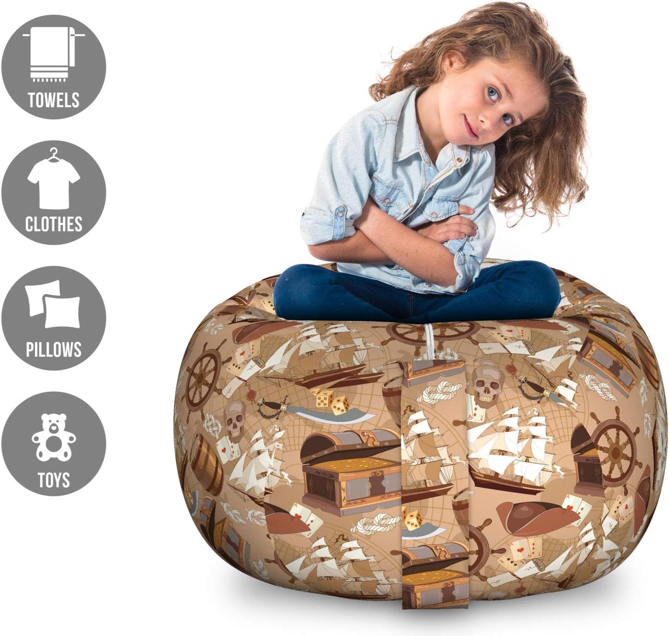 Ambesonne Pirates Storage Toy Bag Chair, Scroll Old Pirate Treasure Map Pattern Adventure Stories Concept, Stuffed Animal Organizer Washable Bag, Large Size, Pale Brown White Grey