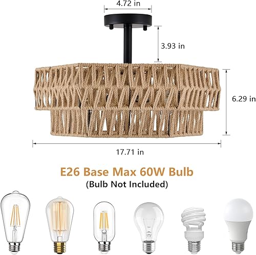 Miniatura 7 de Lámpara de techo semiempotrada de granja, 3 luces, estilo bohemio, lámpara de techo de cuerda de cáñamo tejida rústica, lámpara de techo hexagonal