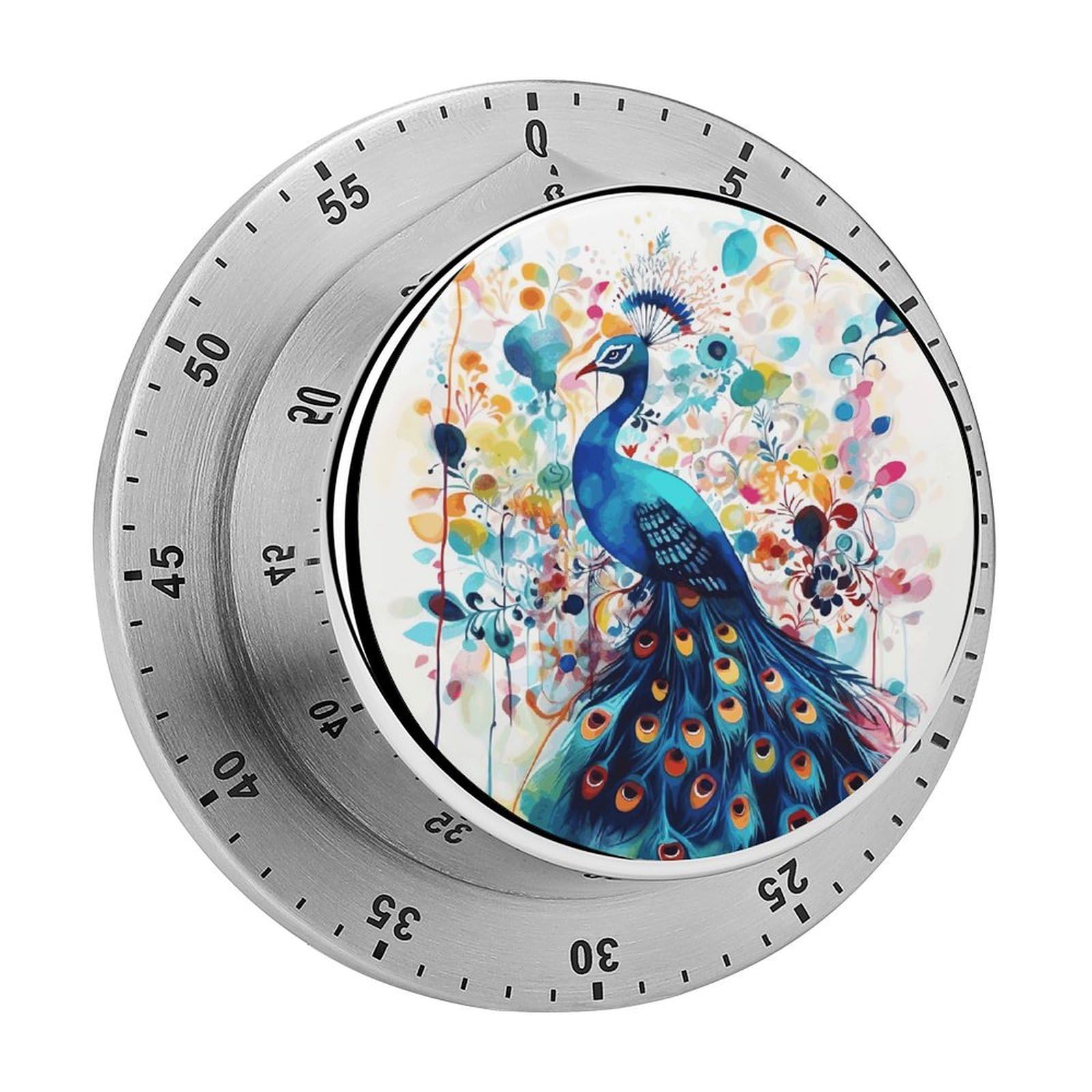 Color Peacock Timer Exquisite Stainless Steel Body Mechanical Desk Timers 60 Minutes Visual Countdown Timers with Magnetic Backing Loud Alarm Kitchen Timer for Cooking