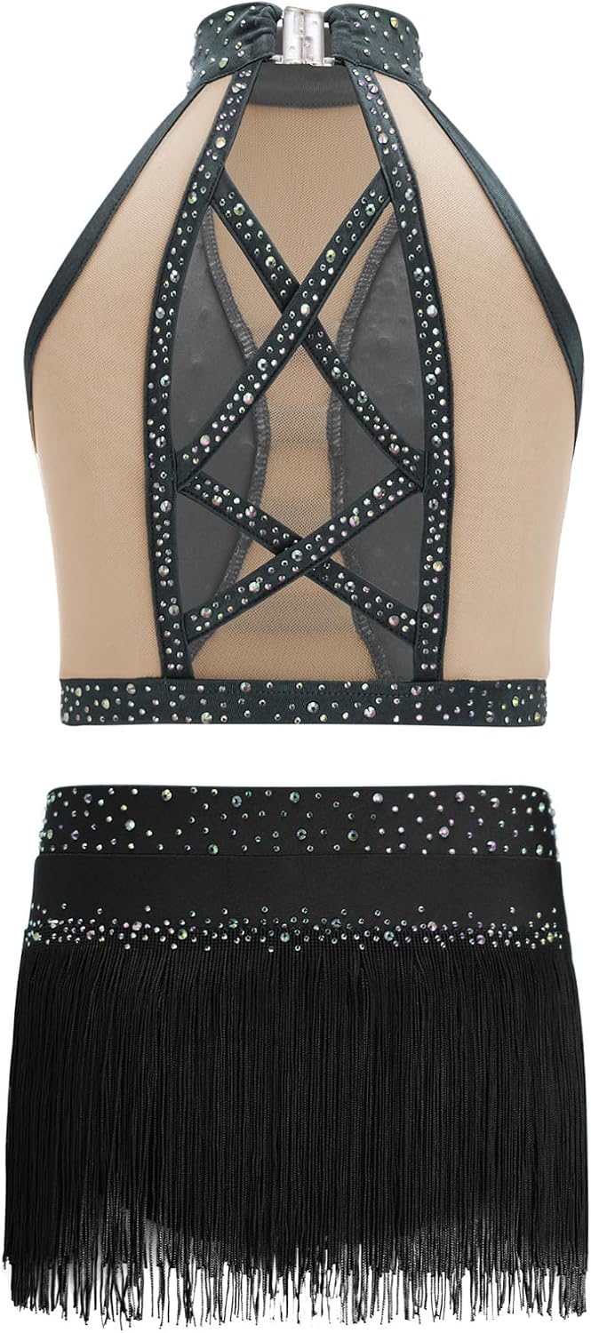 Girls Latin Jazz Ballet Dance Outfit Sleeveless Cutout Back Crop Top And Feather Briefs Skirt Ballroom Dancewear