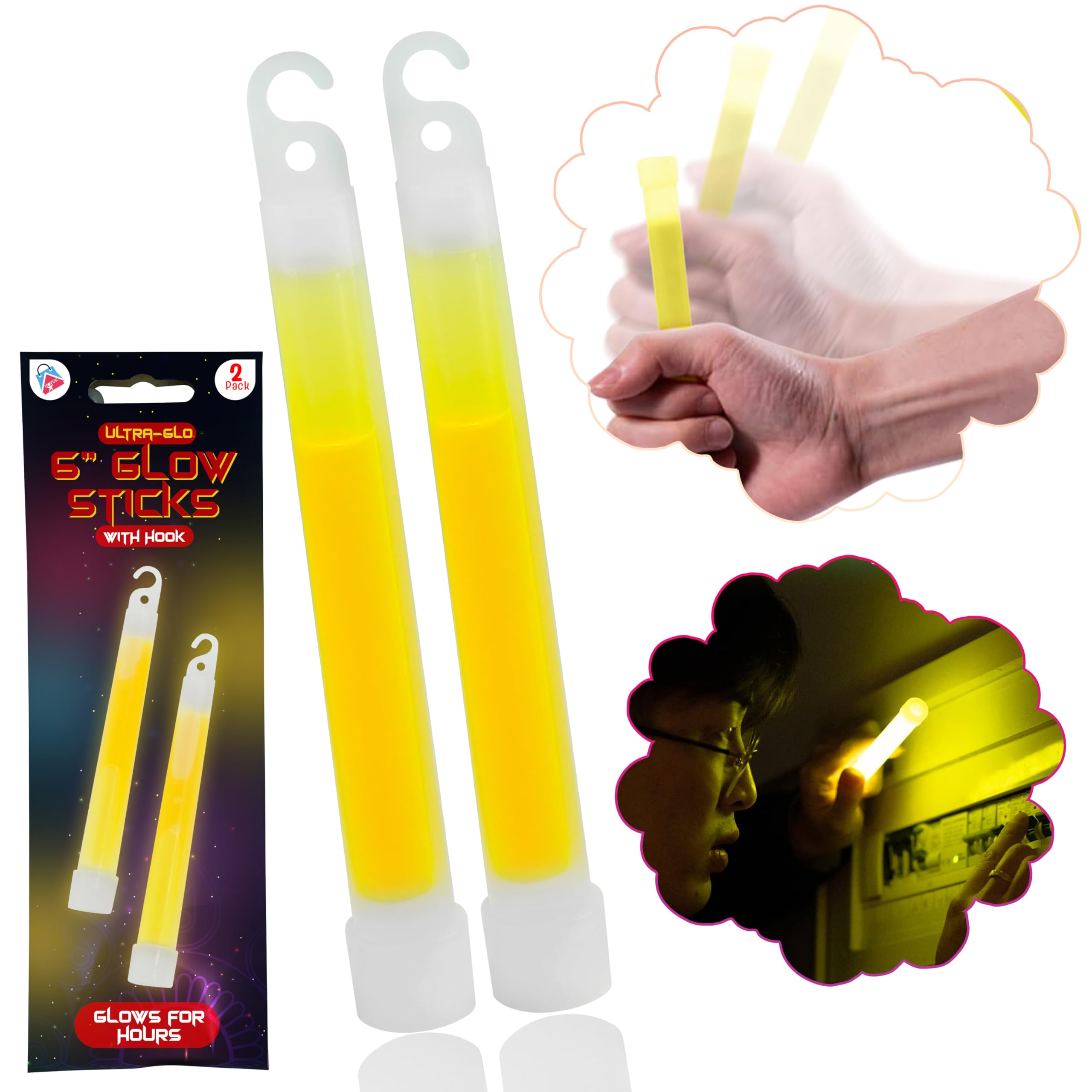 Par de varillas luminosas con gancho, tubos de luz amarilla, luz de fiesta de larga duración para aventuras al aire libre, varillas brillantes impermeables y no tóxicas con ganchos adjuntos, 15 cm