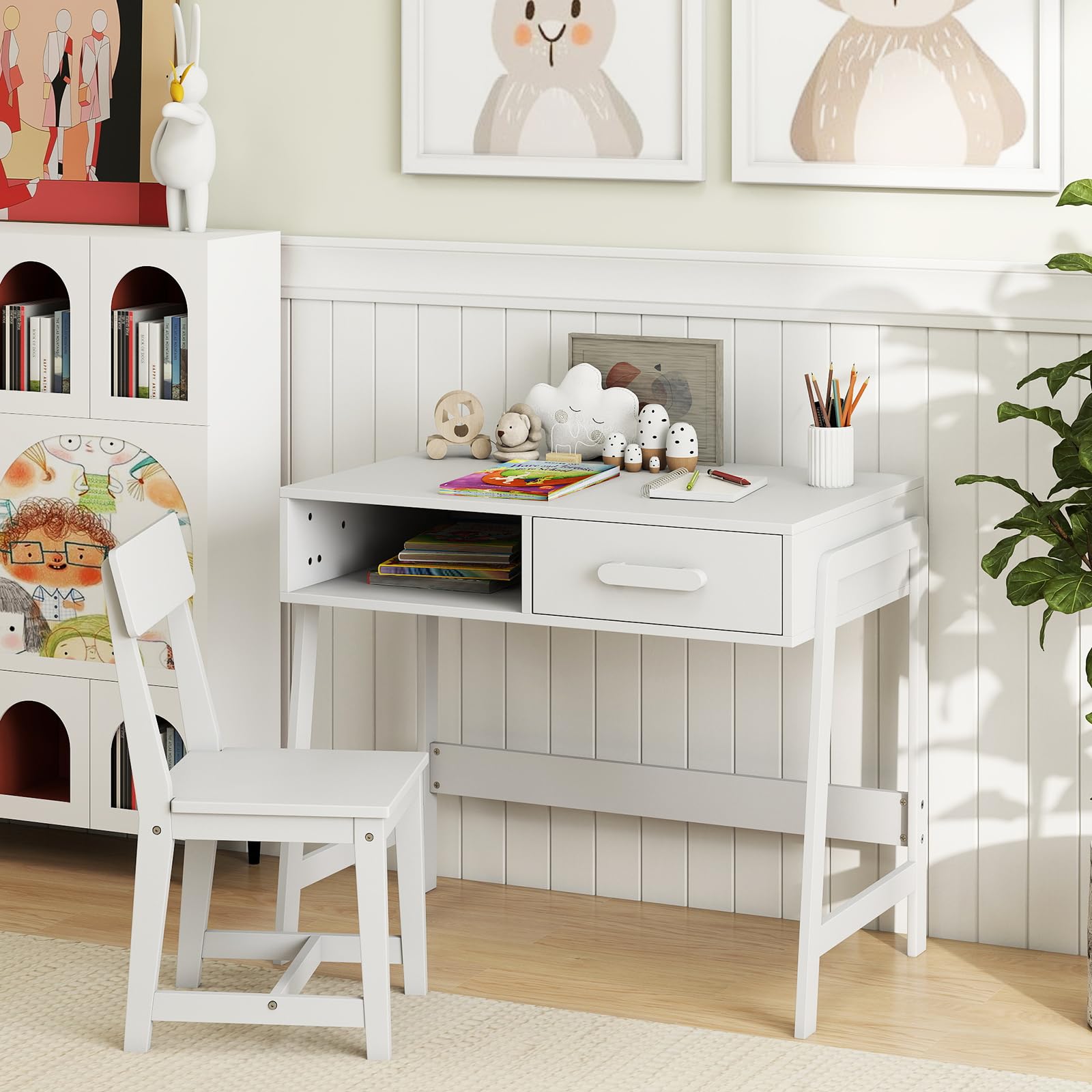 COSTWAY Set Tavolo e Sedia Bambini 3+ Anni, Scrivania e Sedia Legno Sicuro con Cassetto, Scrivania Ergonomica per Studio e Disegno (Bianco)