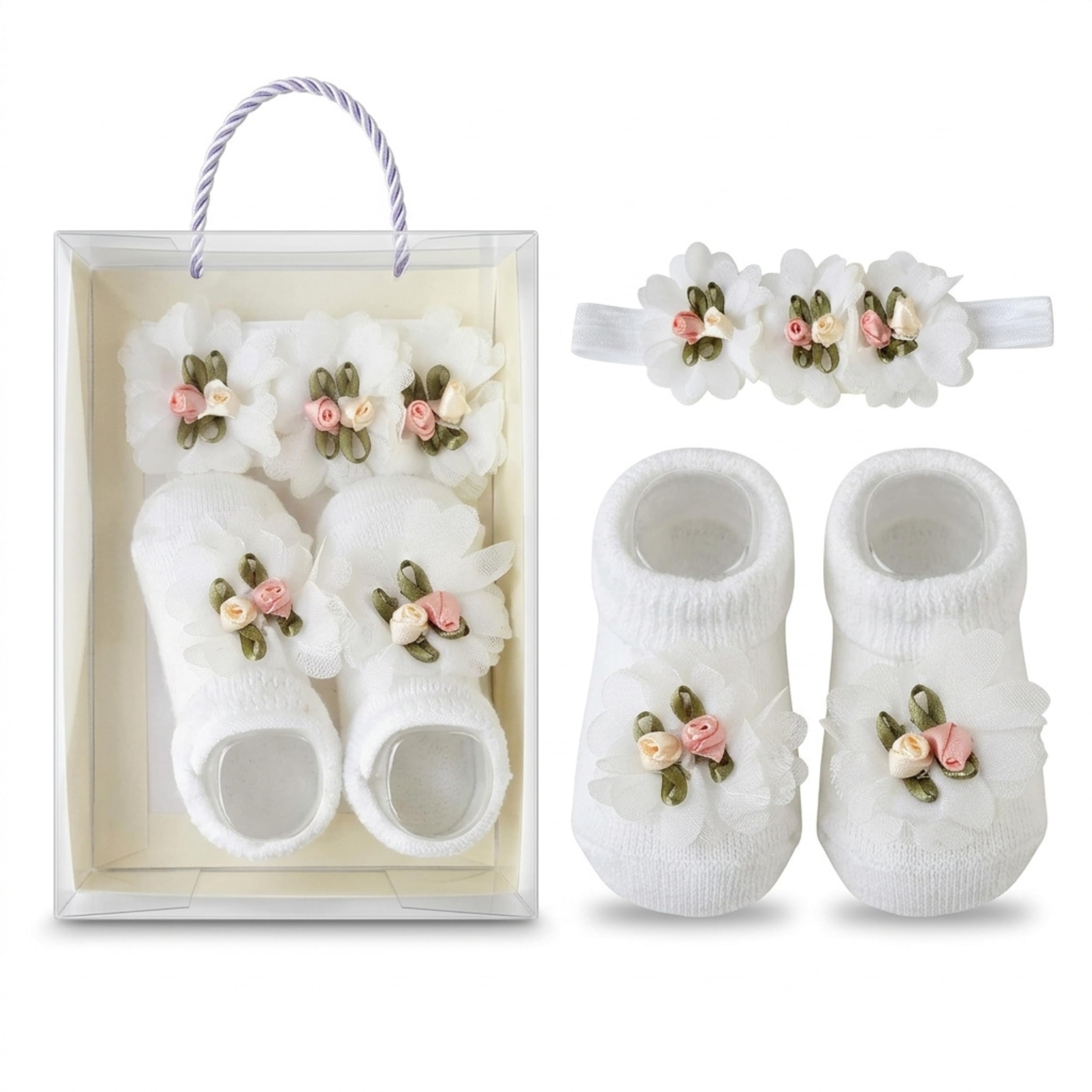Newborn Baby Girl Gift Set – Soft Floral Booties with Matching Hair Band, Comfortable Infant Wear for 0–12 Months (1 Pair Shoes & 1 Headband)-image-38