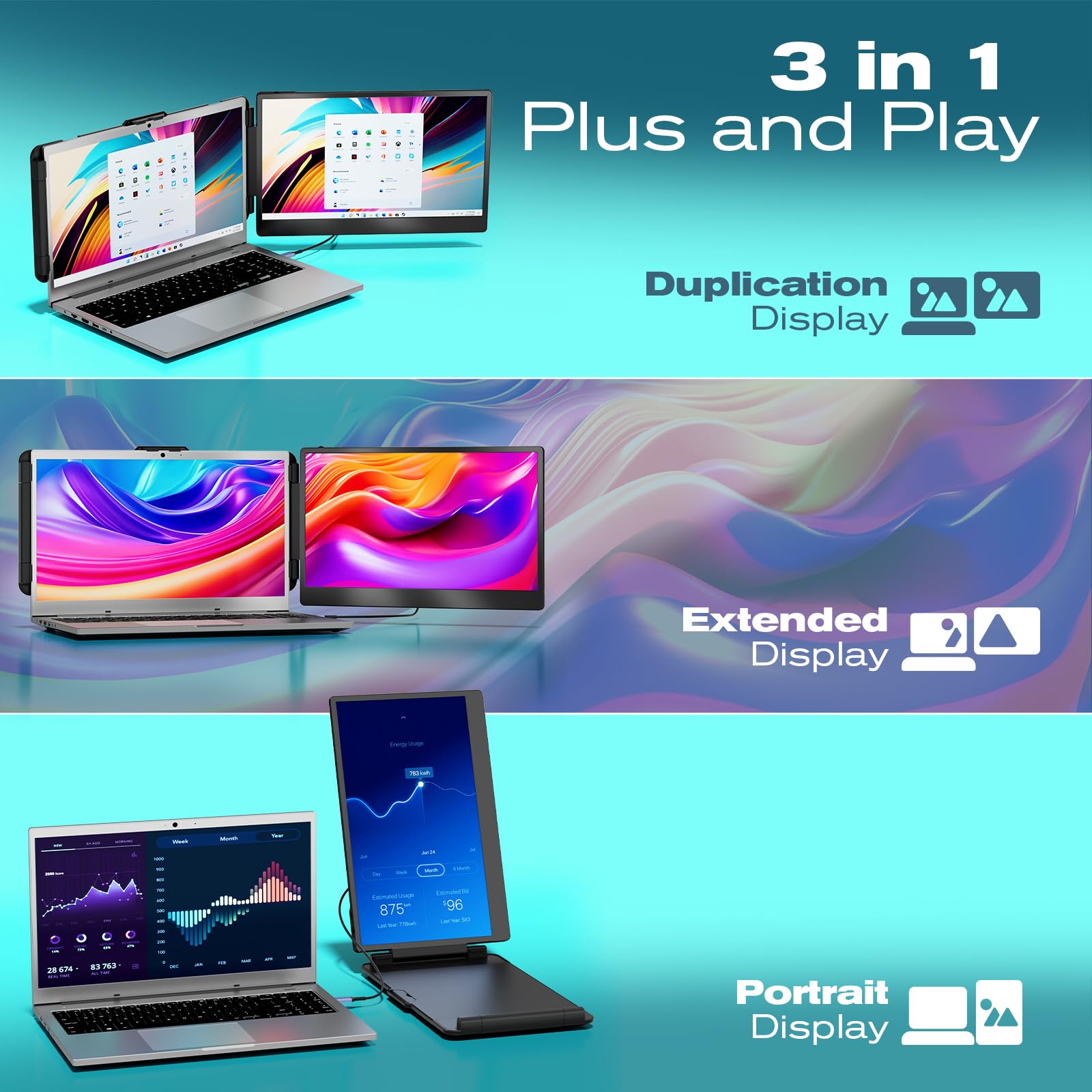 Teamgee Monitor Portatile - Secondo Schermo Full HD da 14'' per Laptop - Estensore dello Schermo del Laptop per Mac Windows Chrome da 13,3'' a 17'' - USB-C e HDMI