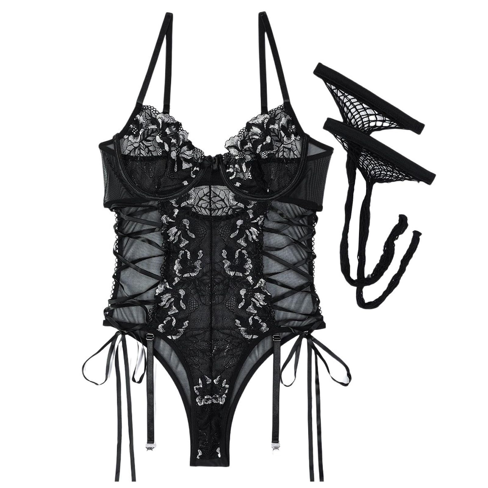 2026 Spitzen Overall mit Stahlring Suspension Hohl Strap Zwei Farbe Sexy Dessous Damen FüR Sex, Lack Und Leder