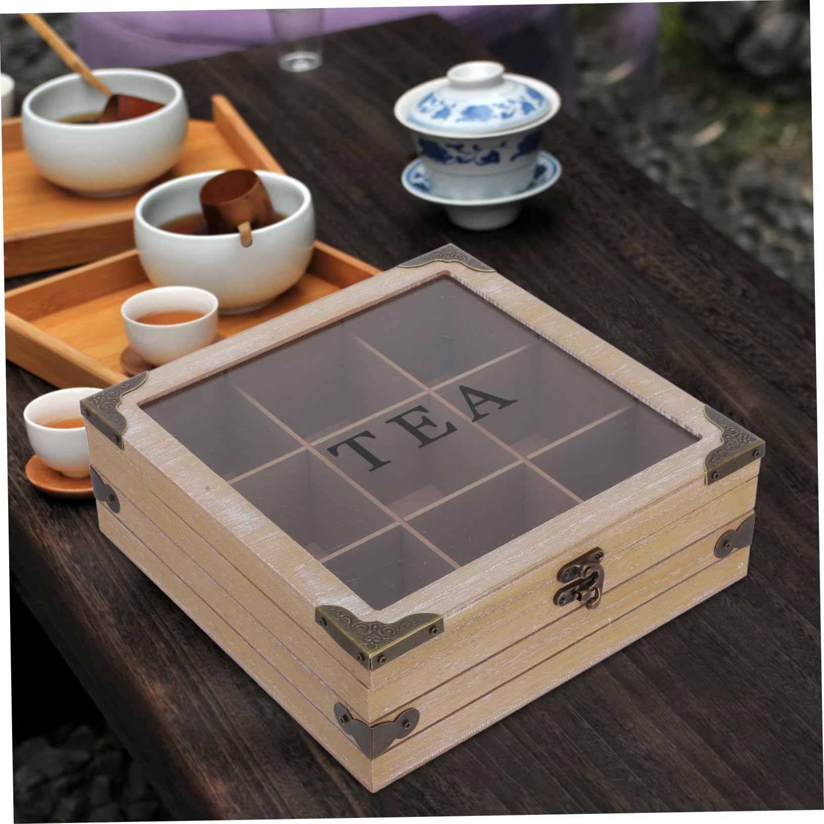 SHOWERORO Holz Teebeutel Aufbewahrungsbox Mit Glasdeckel Teebeutelhalter Organizer Für Zuckerpäckchen Und Gewürzbeutel Stabile Instant-kaffeebeutelbox Für Schreibtisch