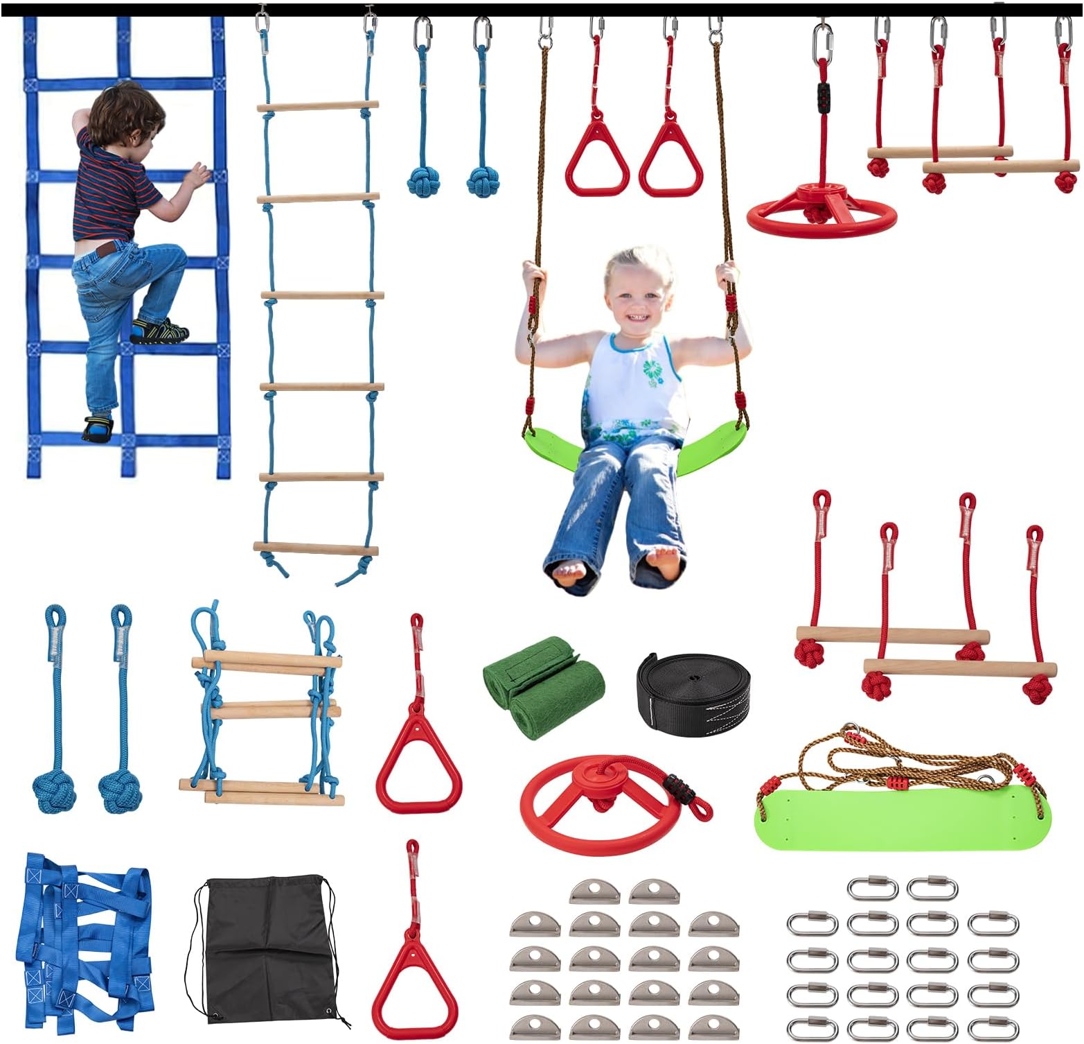 60FT Ninja Warrior Obstacle Course (10 Obstacles), Ninja Slackline Kit for Kids, Durable Playset Equipment with 10 Complete Set-Monkey Bar,Swing, Climbing Ladder & Net