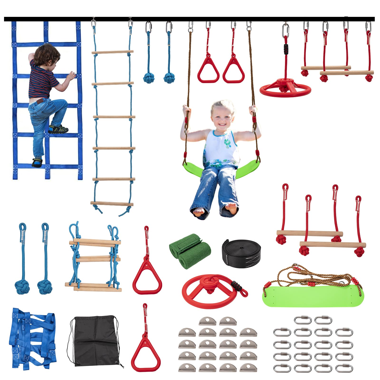 60FT Ninja Warrior Obstacle Course (10 Obstacles), Ninja Slackline Kit for Kids, Durable Playset Equipment with 10 Complete Set-Monkey Bar,Swing, Climbing Ladder & Net