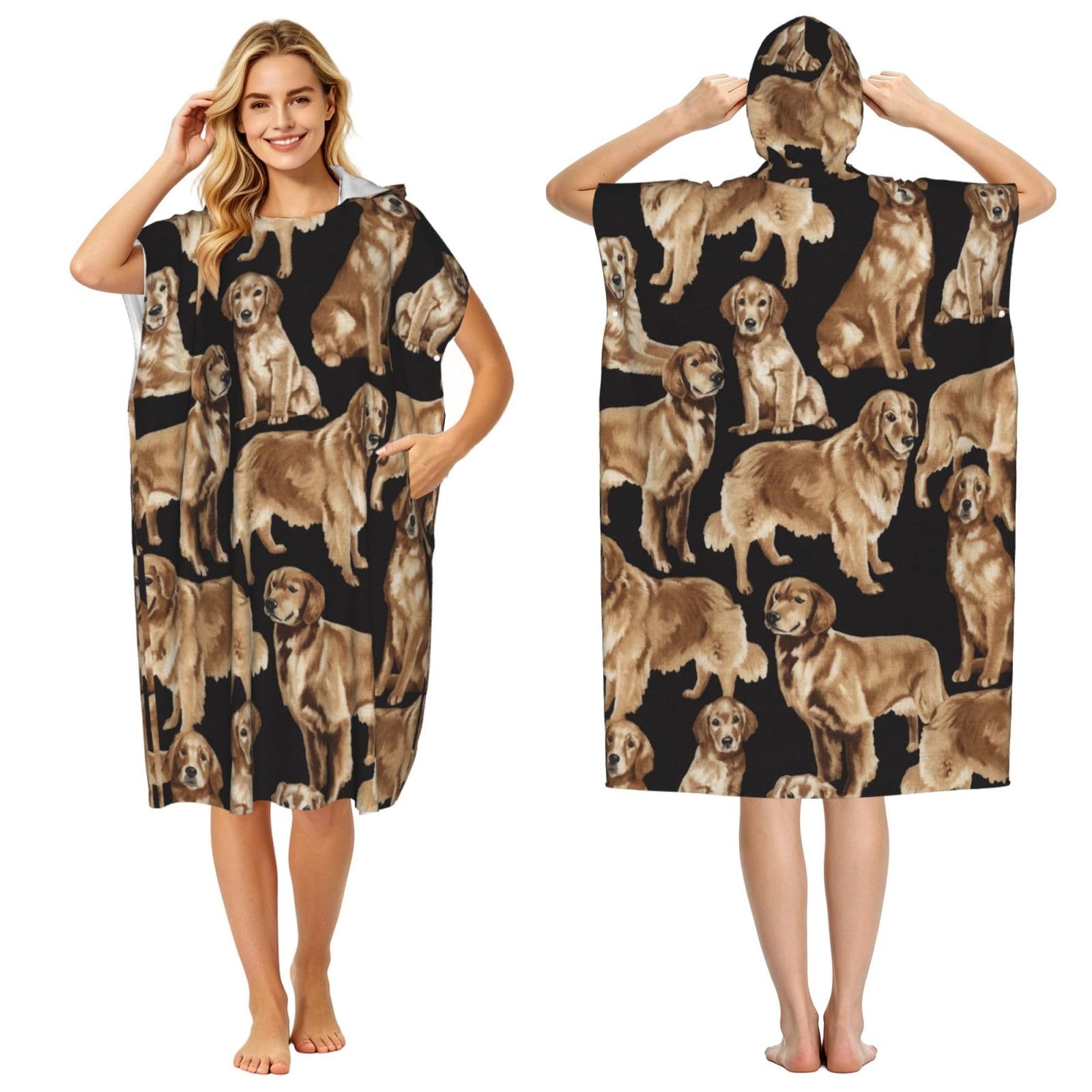 Poadnly Golden Retrievers, Adult Hooded Beach Towel 90 x 110 cm,Changing Bath Robe, Surf Poncho Towel For Women Men