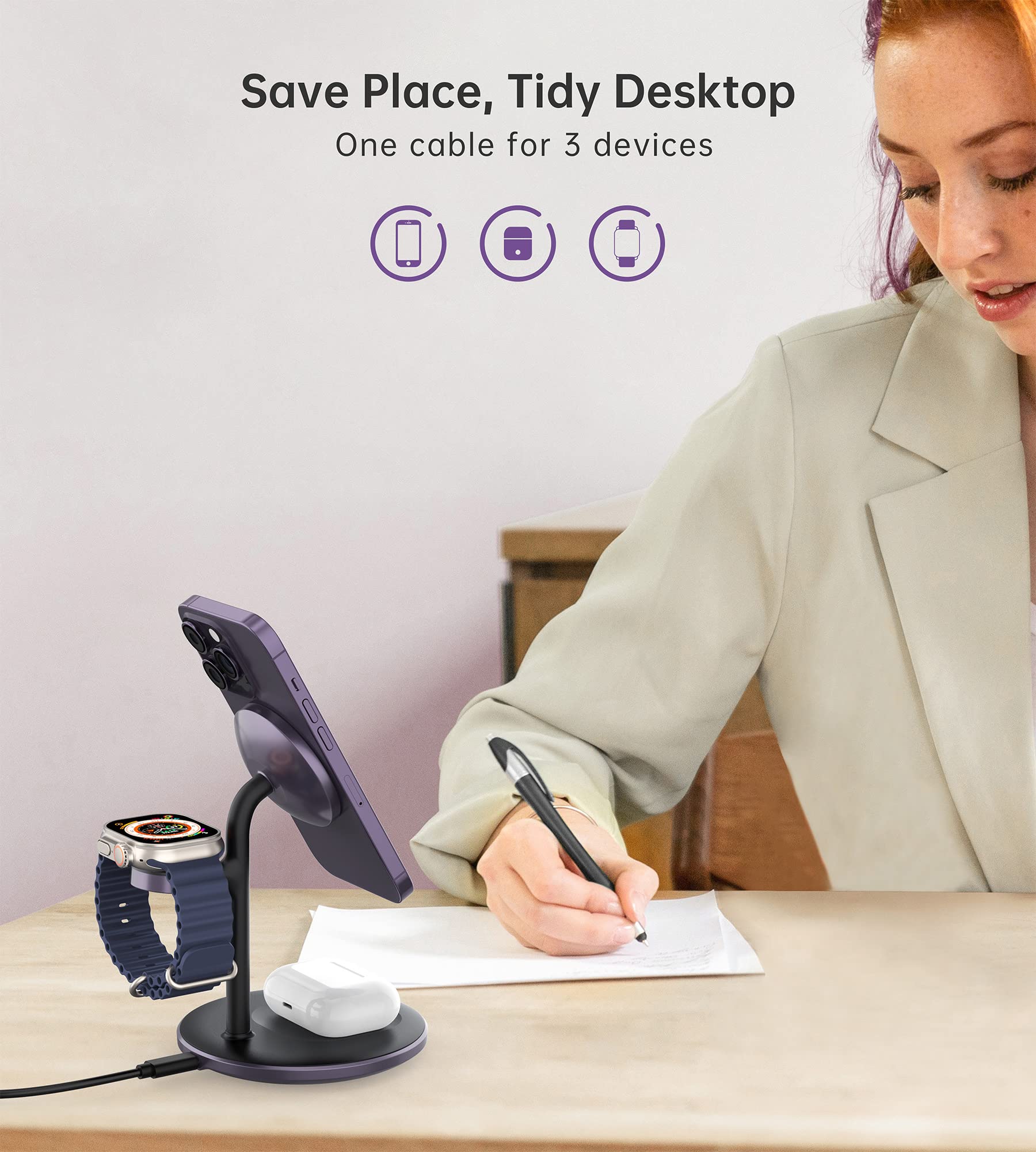 XooFly Stazione di ricarica wireless 3 in 1 per dispositivi Apple, supporto caricabatterie wireless veloce Mag-Safe con adattatore da 20 W per iPhone 17/16 15 14 13 12 Pro Max/Pro/Plus/Air/Mini