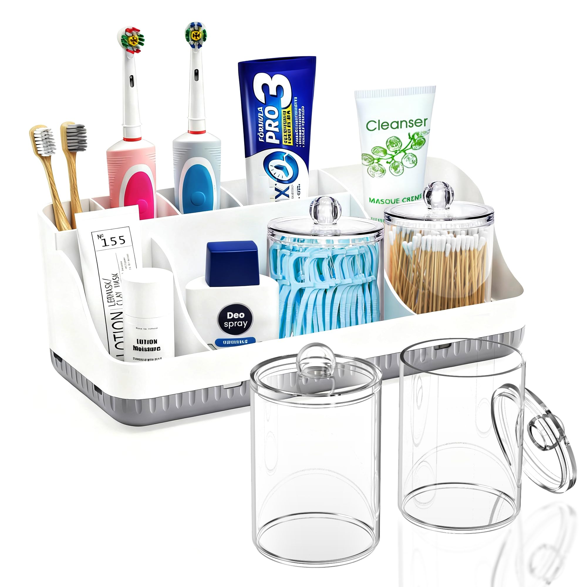 Bathroom Counter Organizer and Storage with 2 Pack Qtip Holder Dispenser 7 Slots Detachable Toothbrush Holders for Bathrooms