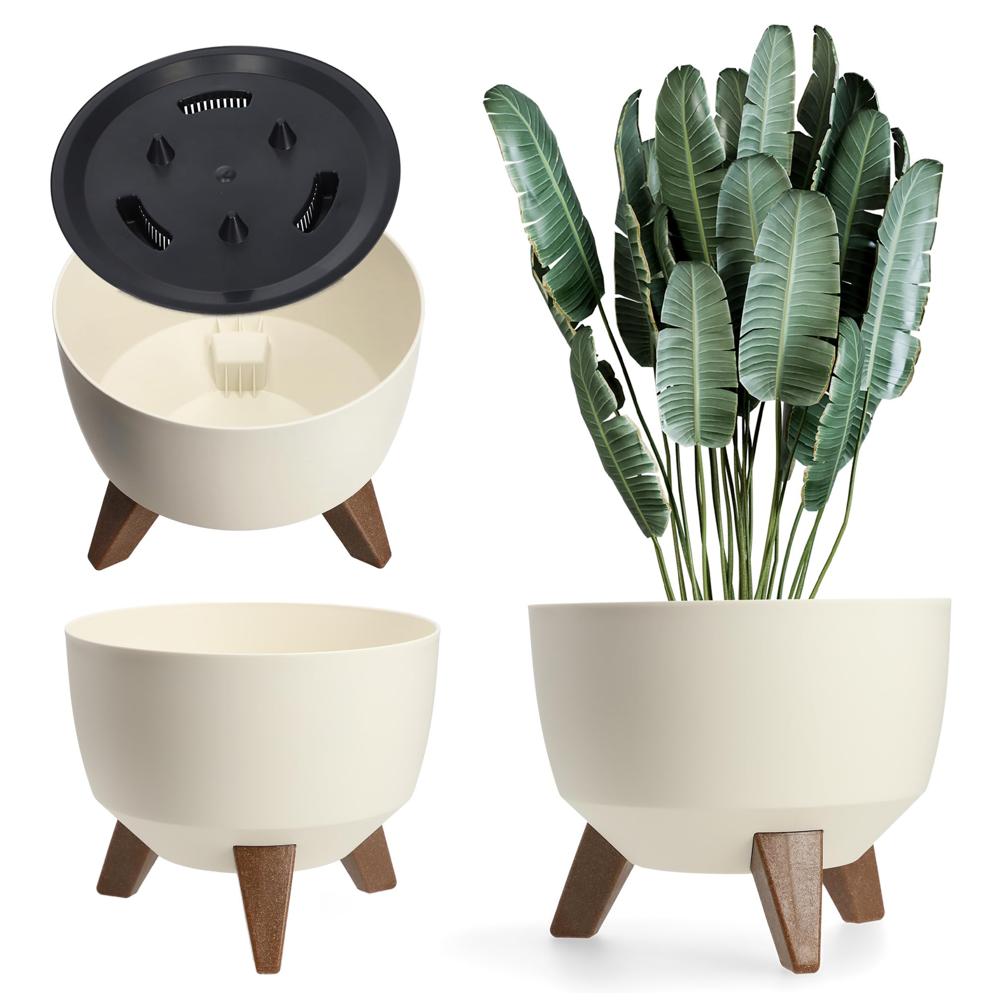 KADAX Maceta Decorativa de Plástico con Soporte Integrado, Macetero con Tres Patas de Imitación Madera para Interior y Exterior (Crema, 24 cm)