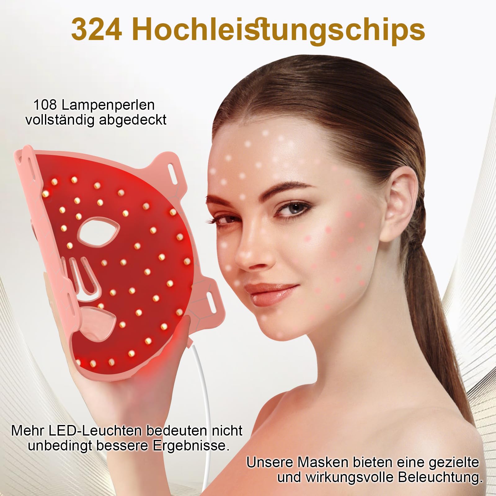Rotlicht Maske Gesicht 850nm Nahinfrarotlicht 7 Modi Anti Falten | 108 LEDs mit 324 Chips erzeugen eine gleichmäßige Lichtverteilung, 3 Einstellbare Helligkeitsstufen für Anti-Aging