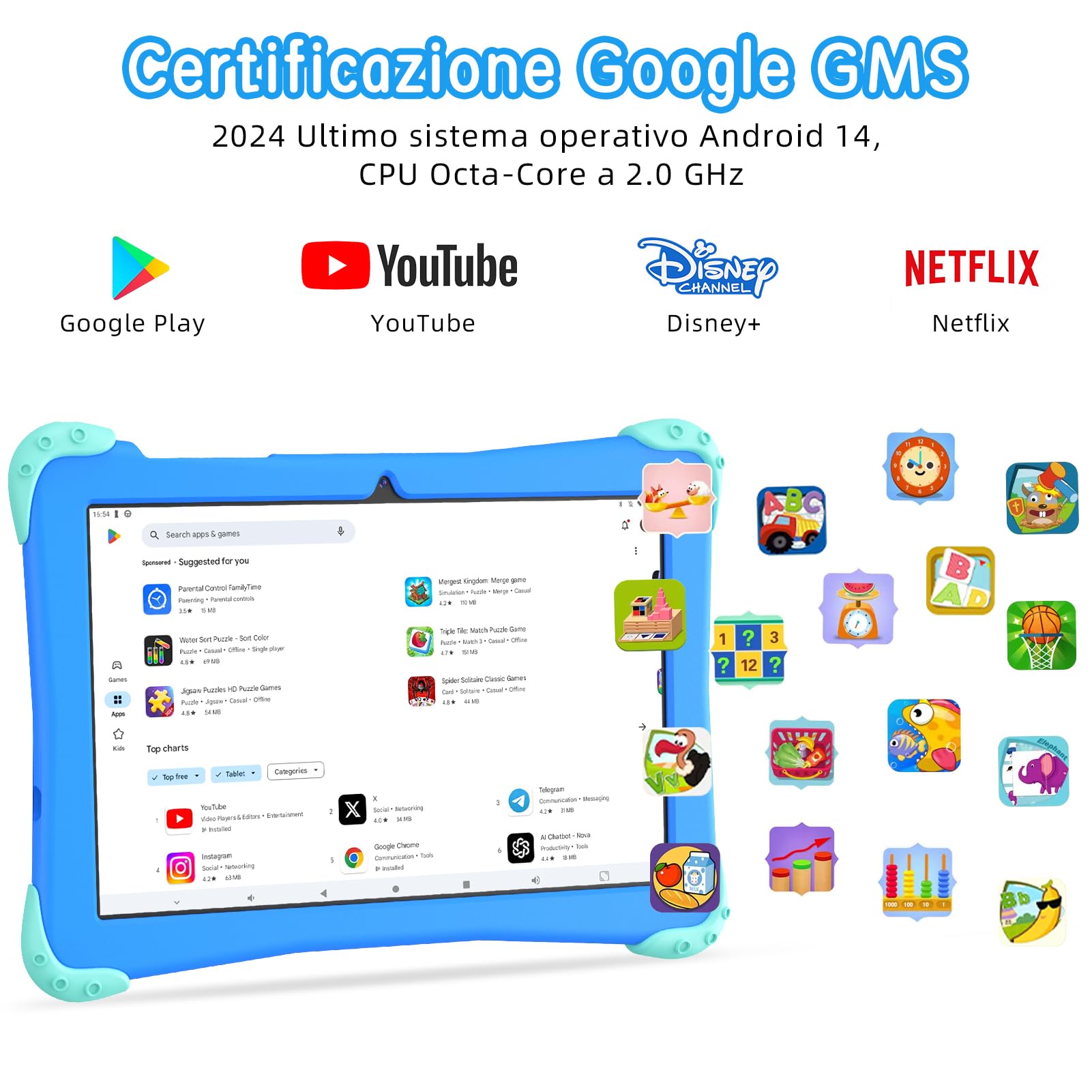 EagleSoar Tablet per Bambini da 10 Pollici, 10GB RAM + 64GB ROM Processore Octa-Core, Tablet Android14 per Bambini 3 a 12 anni, Software Didattico per Bambini Preinstallato e Controllo Genitori(Blu)