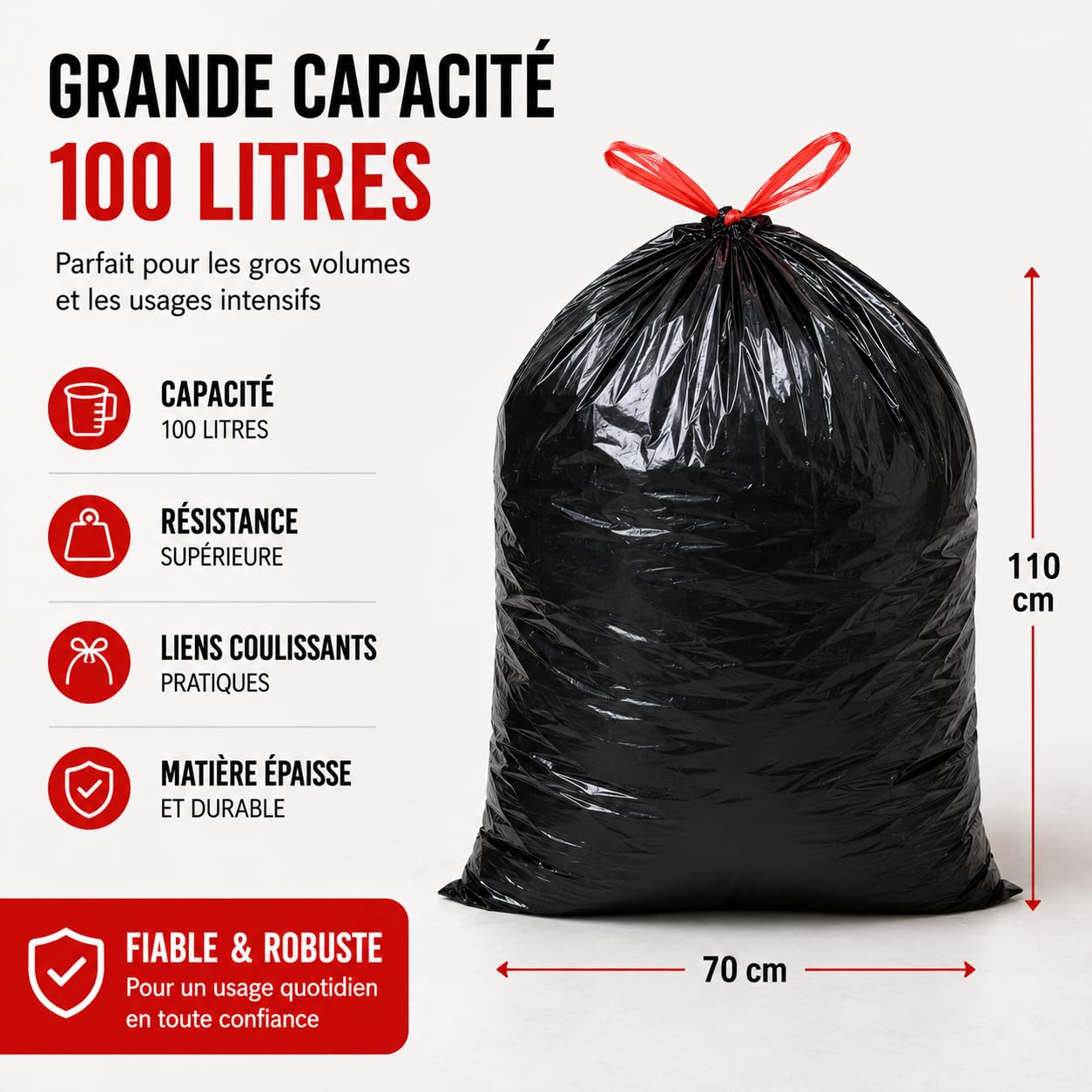 Bolsa de basura de 100 L, enlace deslizante, 50 bolsas de basura de 100 litros, negras, ultra resistente (40 µ) y antifugas, residuos alimentarios | cierre de enlace y asa | práctica e higiénica |