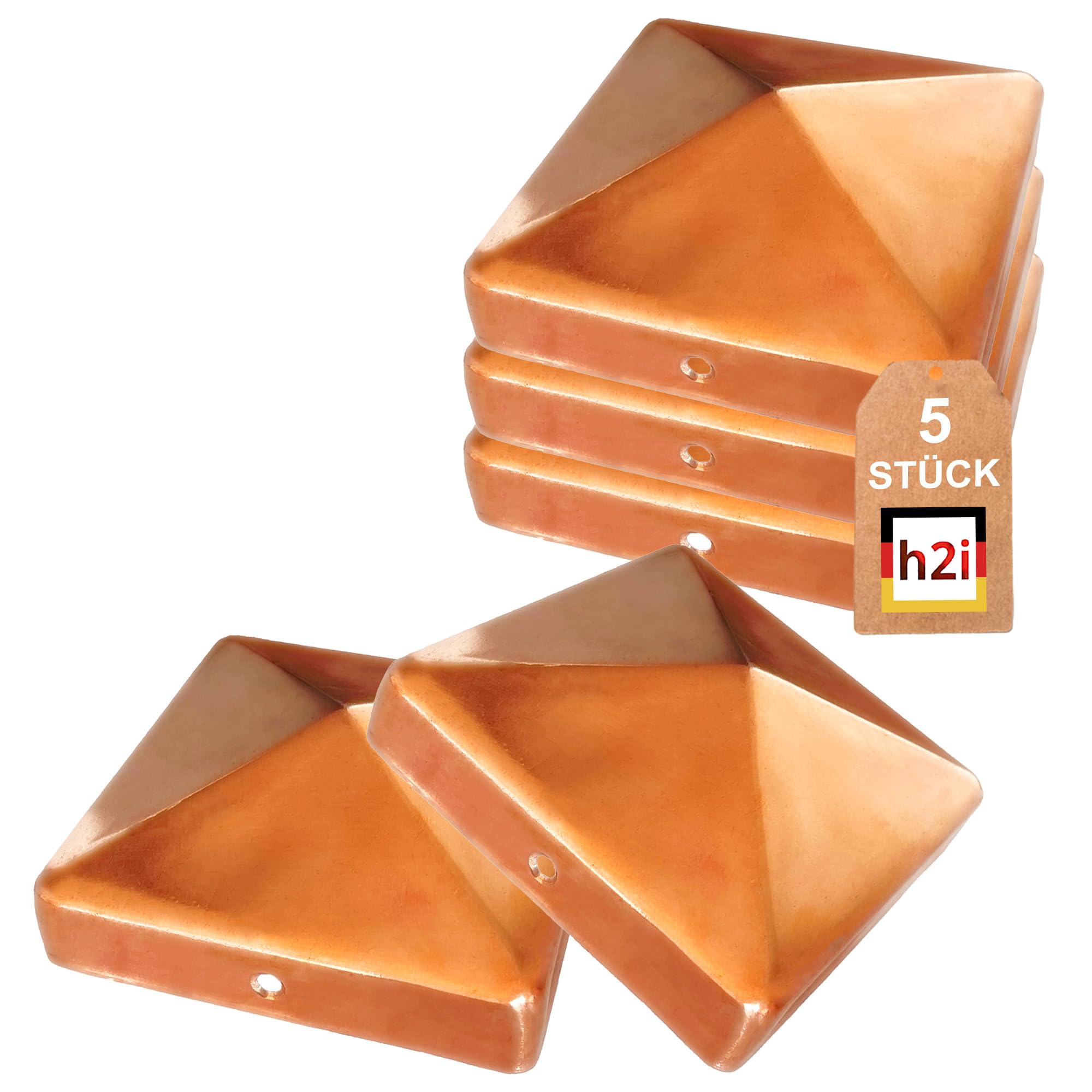 h2i Pfostenkappe | Kupfer | 71 x 71 mm | 5 Stück | Eckige Abdeckkappe für Garten Holzpfosten Pfostenträger & Zaunpfosten in Pyramidenform | Wetterschutz für Holz-Balken & Pfosten