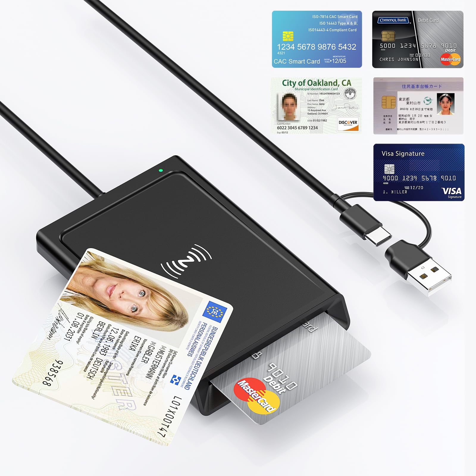 Lector Militar de Smart Card con NFC – Doble Interfaz de Contacto y sin Contacto, USB-A/USB-C CAC Reader para Tarjetas IC/ID/PIV/bancarias y de crédito, Compatible con Windows, Mac, Linux y Android