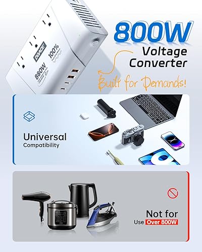 Miniatura 3 de DOACE Convertidor de 220 V a 110 V, convertidor de voltaje de 800 W de EE. UU. a Europa para alisadorrizadorteléfono, convertidor de corriente con 2