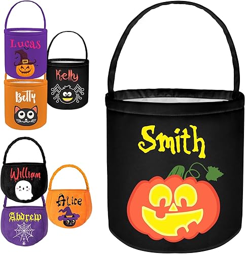 Roseshore Cubos personalizados de Halloween para pedir dulces o trucos, cesta de Halloween personalizada con nombre para niños, bolsas de Halloween