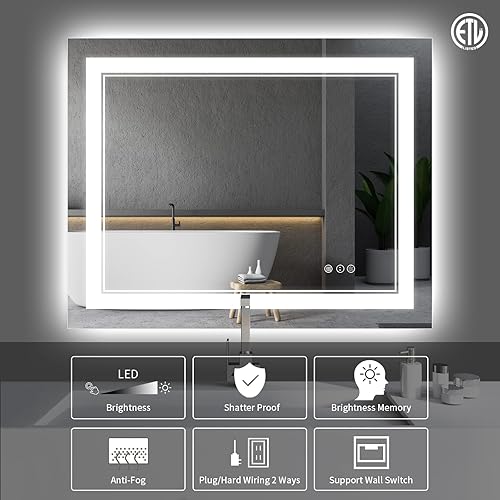 Miniatura 175 de Espejo de baño LED de 40 x 32 pulgadas, luz frontal y retroiluminada, antiniebla, regulable, espejo de tocador iluminado con memoria, espejo LED