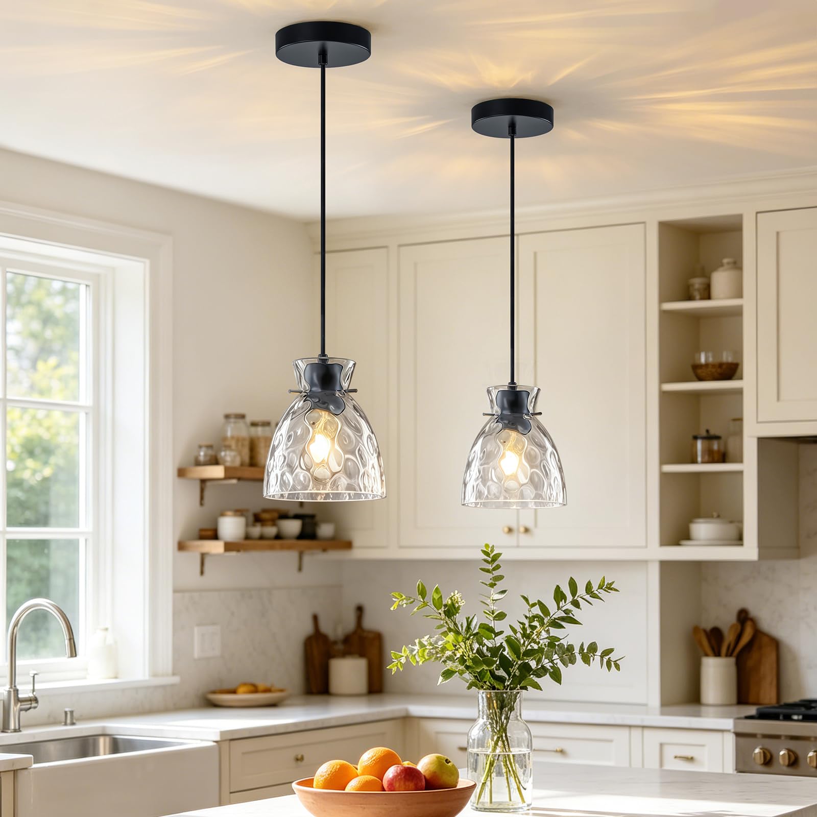 Photo 1 of Alynzee Hammered Glass Pendant Lights, Black, 2 Pack