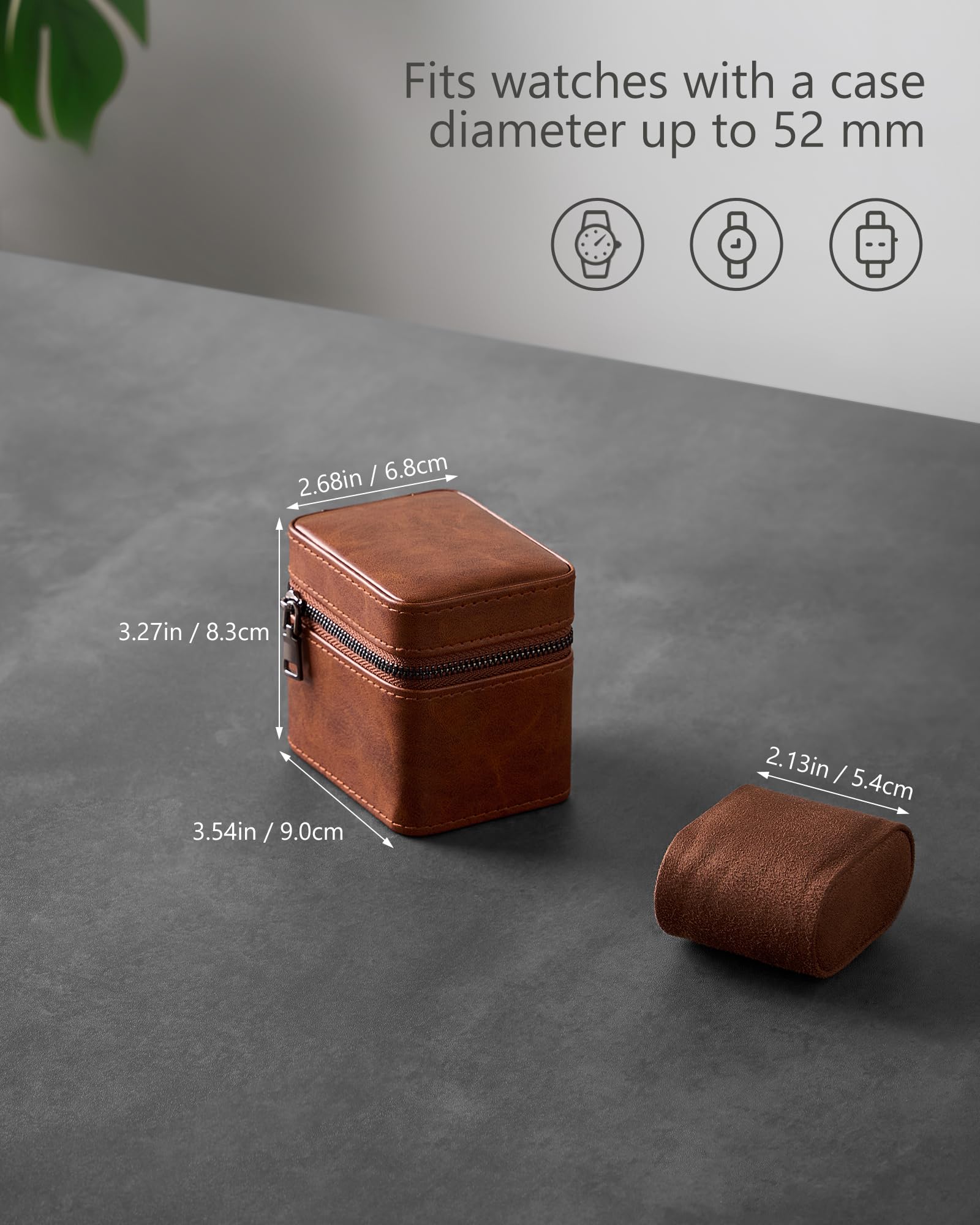ProCase Estuche de Viaje para 1 Relojes, Caja para Relojes con Funda de PU Cuero y Acolchado Suave, Estuche Compacto para Relojes de Lujo y Smartwatches de Hasta 55 mm –Marrón