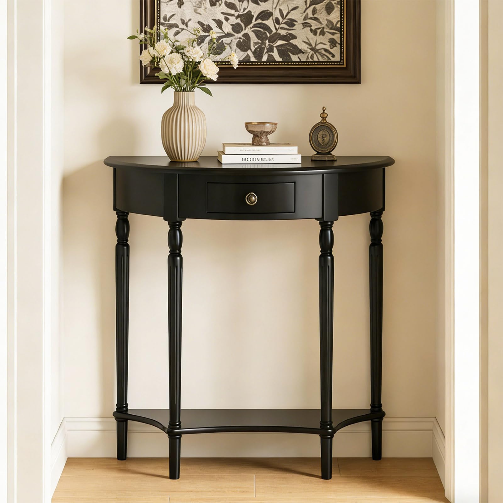 Half Moon Console Table Solid Wood Vintage Entryway Table with Storage Drawer Small Hallway Table for Entryway Half Round Foyer Tables Walnut Entry