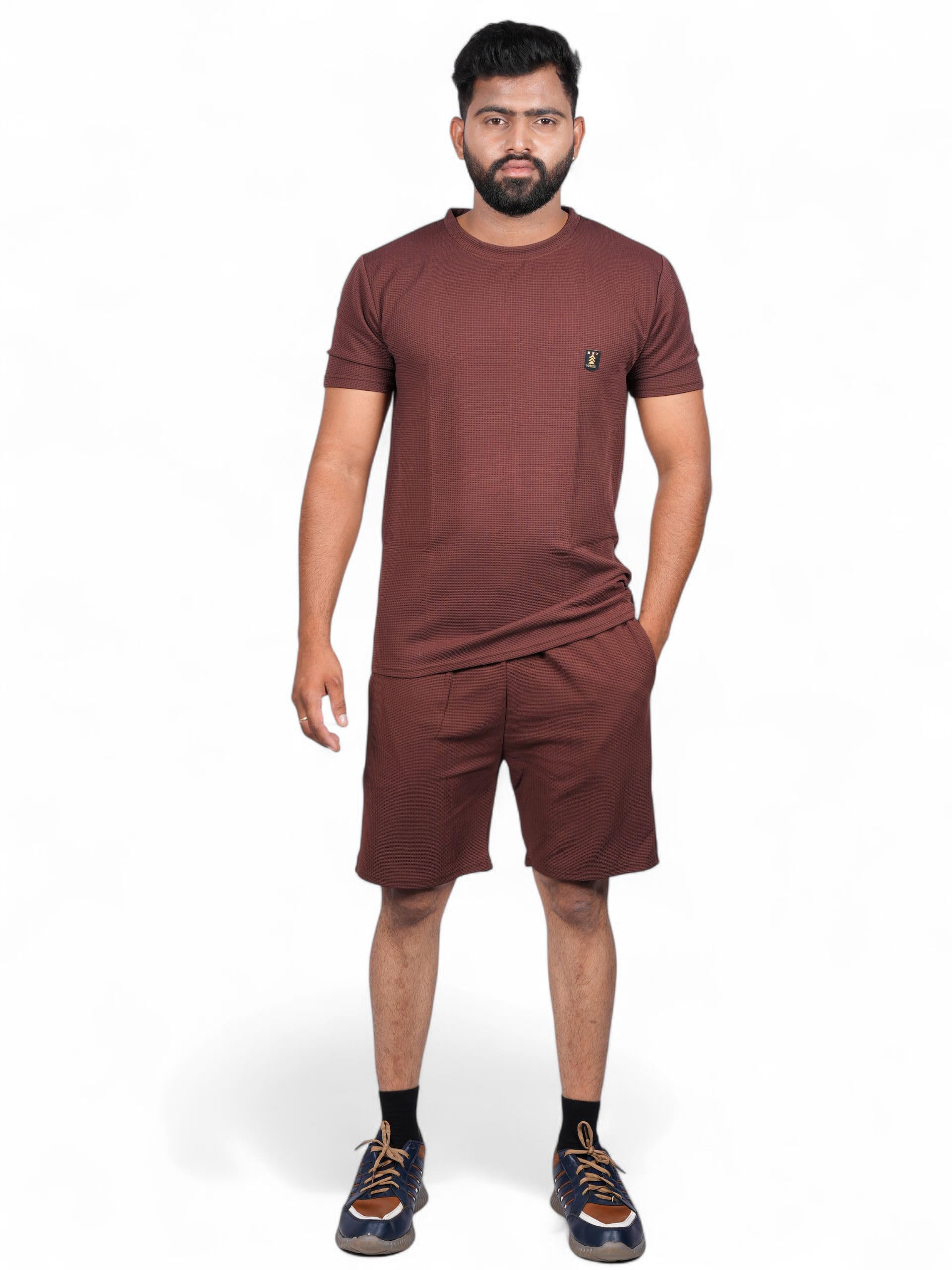 Men's Waffle Texture T-Shirt and Shorts Co-ord Set, Brown, Round Neck, Short Sleeve, Casual Lounge Wear, Summer Outfit for Gym, Travel-image-21