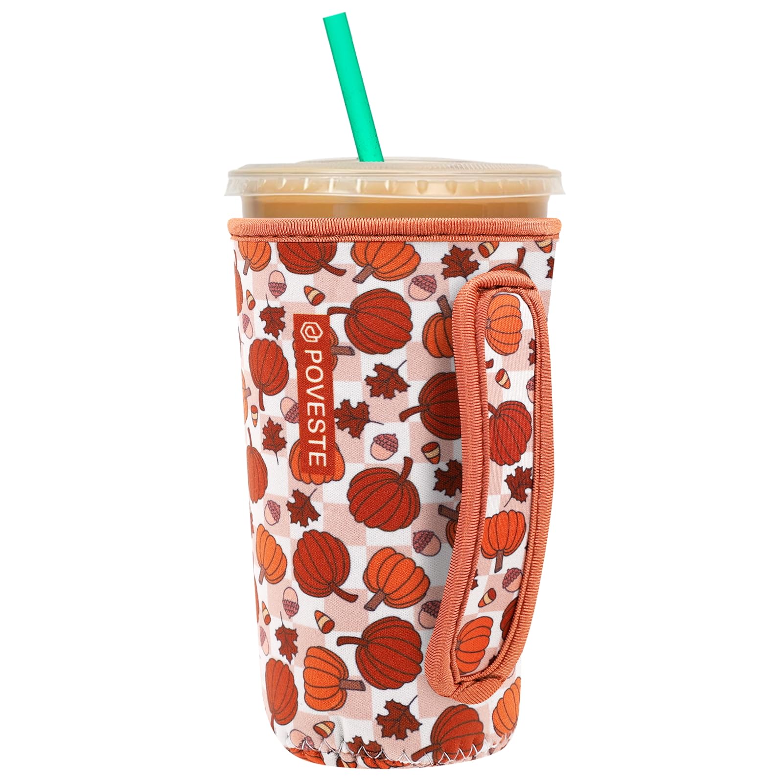 Reusable Neoprene Insulator Sleeve for Iced Coffee &amp; Cold Soda, Coffee Sleeves for Iced &amp; Hot Drinks, Cold Beverage Cooler Compatible with Starbucks, Dunkin (Checkerboard Pumpkin, Large: 32oz)