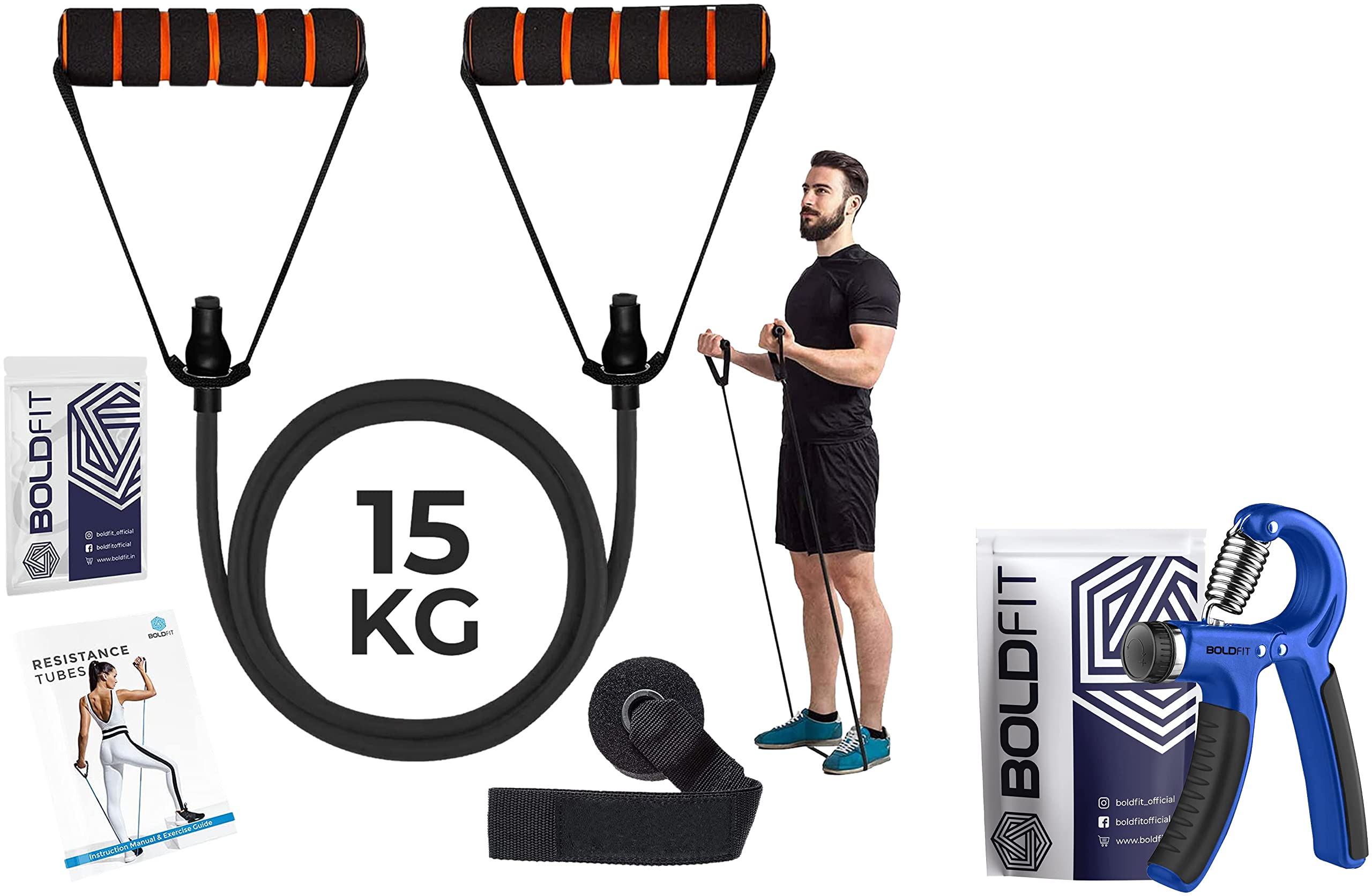 Boldfit Resistance Tube with Foam Handles, Door Anchor for Exercise -15kg-Black & Boldfit Adjustable Hand Grip Strengthener (40 Kg) Blue (B0BB6Q13V7) Amazon Price History, Amazon Price Tracker