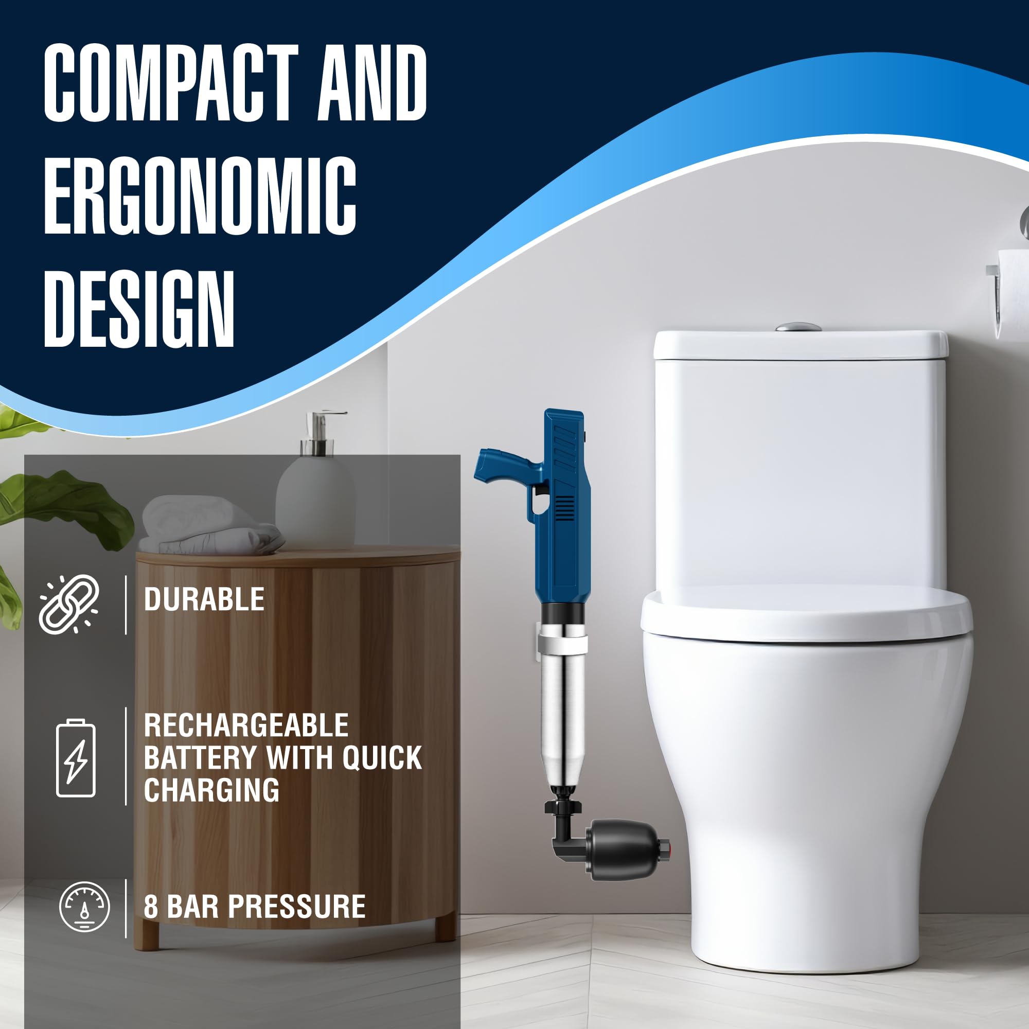 Pistola elettrica ad aria per WC, ad alta pressione, per lavello della cucina e scarico del bagno, sono i migliori strumenti per sbloccare gli intasamenti per tubi e servizi igienici (blu