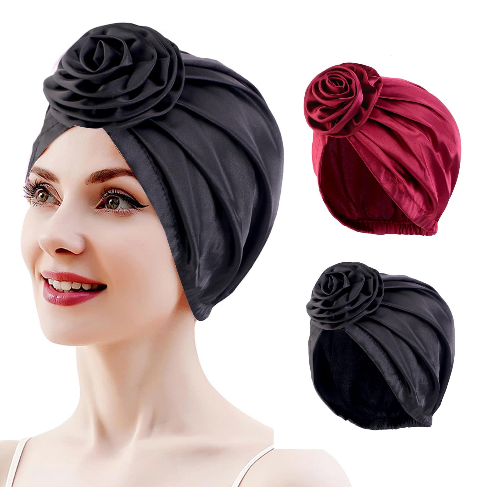 Atnayo Multicolour 2Pcs Silk Bonnet, Satin Bonnets For Sleeping Bathing, Hair Bonnet With Silky Wide Elastic Band For Curly Hair
