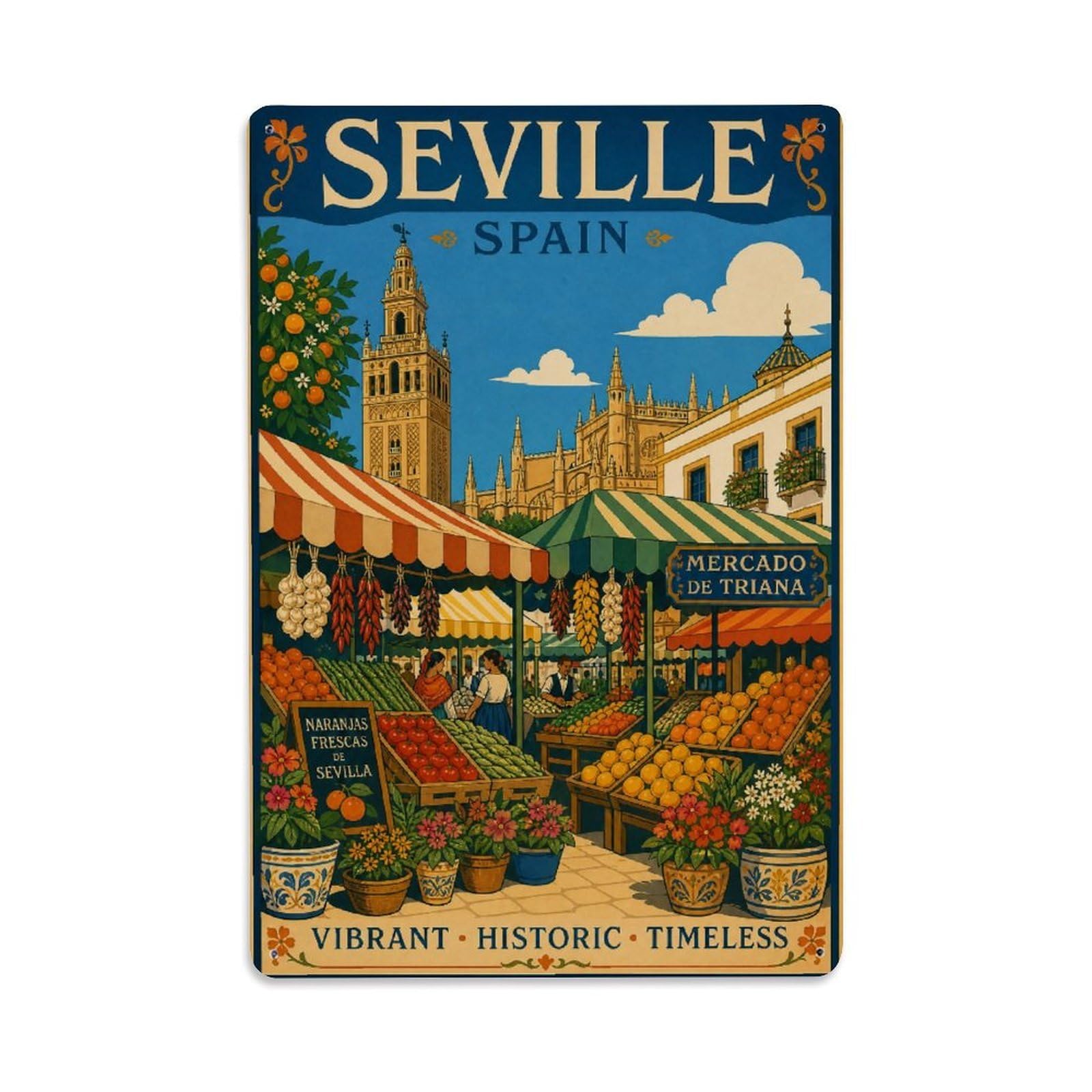 Huiyhb 8X12inch(20X30cm) Vintage Travel Seville Market Feria Stalls Colorful ((1)) Metal Tin Sign